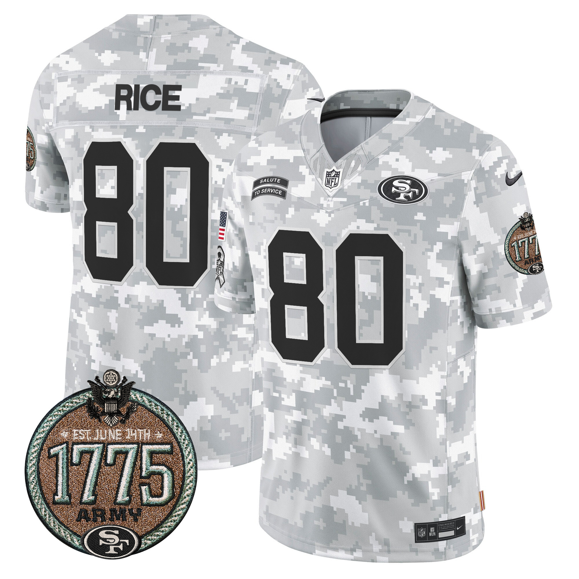 Men's Jerry Rice San Francisco 49ers 2024 Salute to Service Establishment Year Patch Vapor Limited Army Jersey - All Stitched