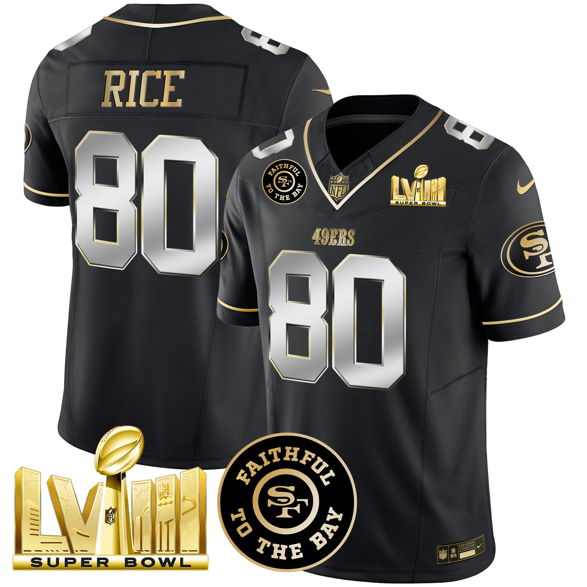 Men's Jerry Rice San Francisco 49ers Faithful & Super Bowl LVIII Gold Patch Vapor Black Limited Jersey - All Stitched