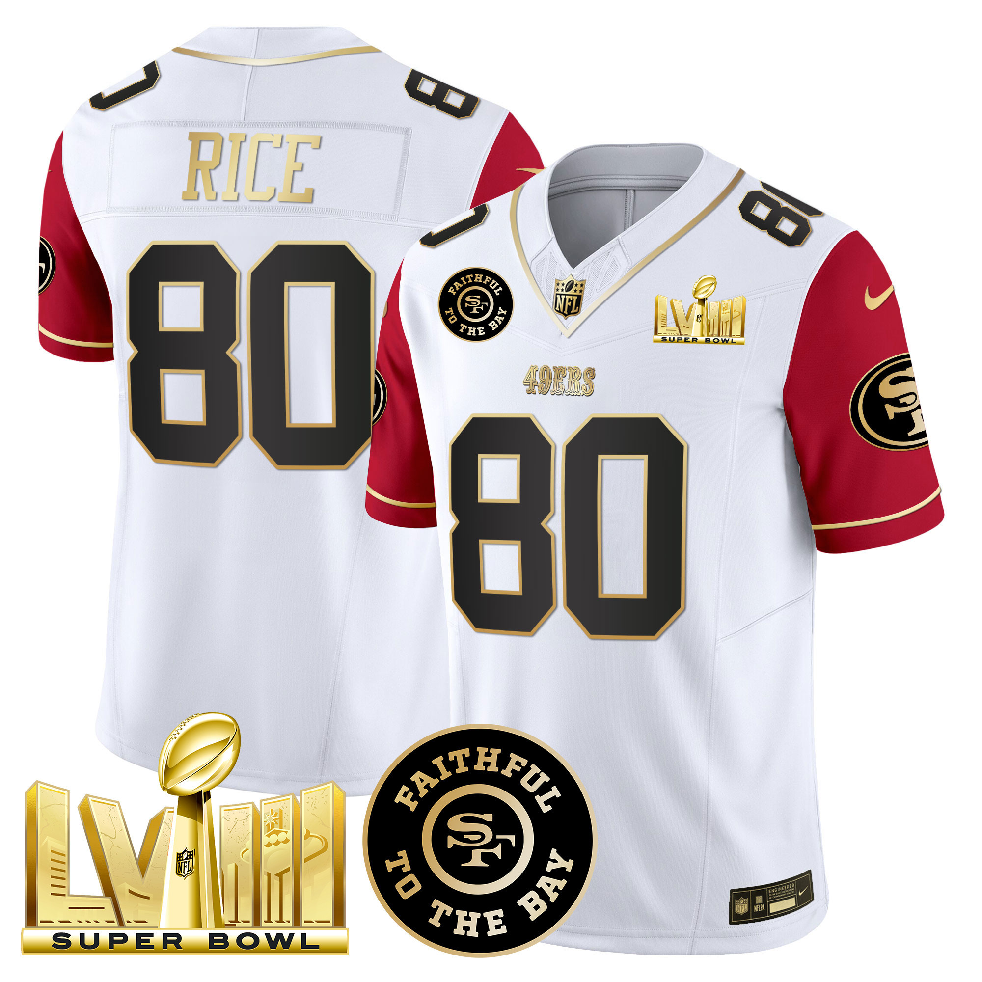 Men's Jerry Rice San Francisco 49ers Faithful & Super Bowl LVIII Gold Patch Vapor Color Sleeves Jersey V2 - All Stitched