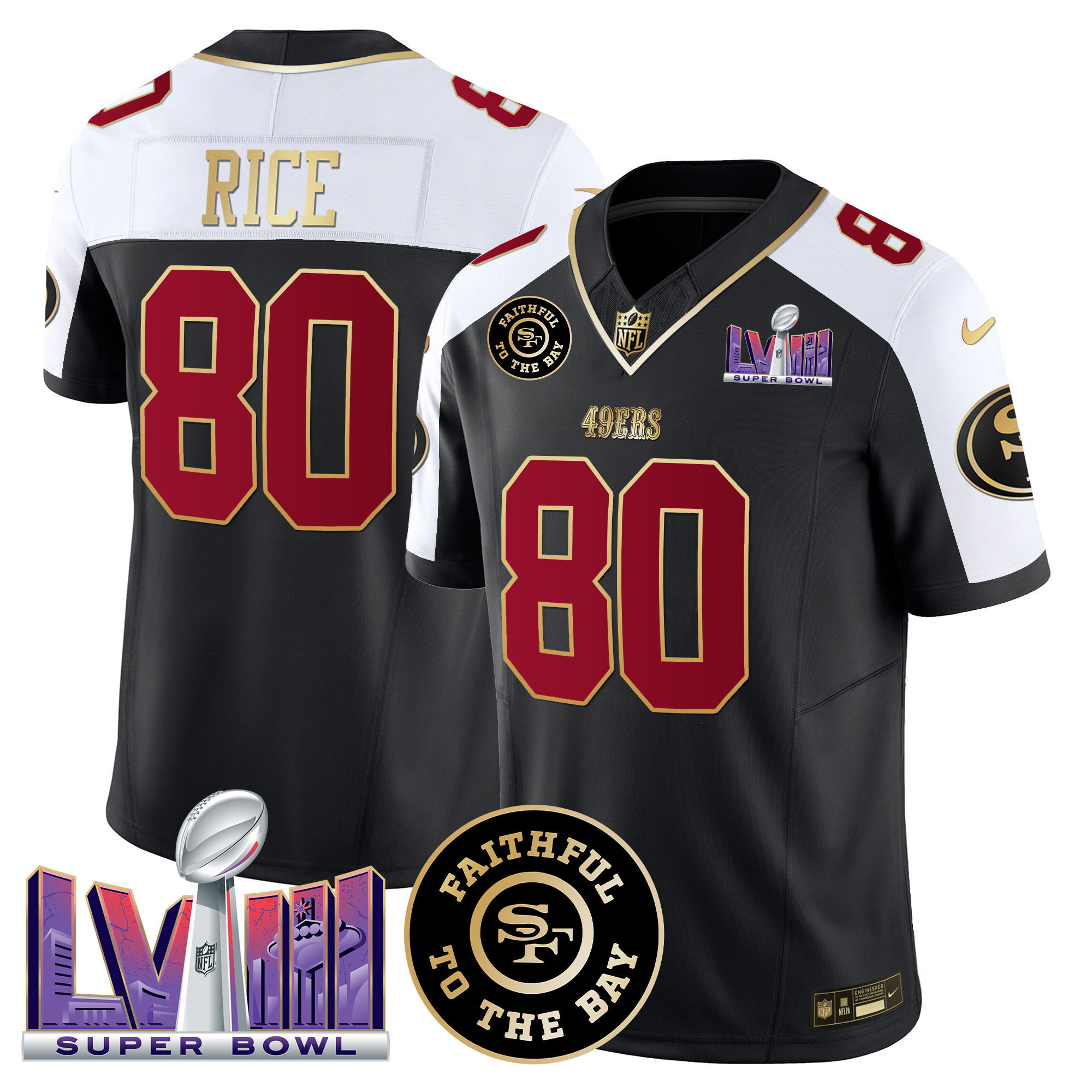Men's Jerry Rice San Francisco 49ers Faithful & Super Bowl LVIII Patch Vapor Black Alternate Jersey - All Stitched