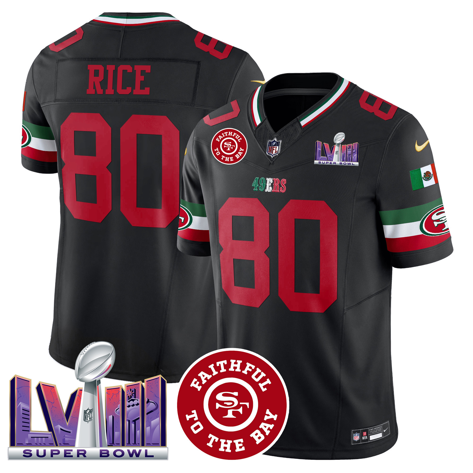 Men's Jerry Rice San Francisco 49ers Mexico Faithful & Super Bowl LVIII Patch Vapor Black Jersey - All Stitched