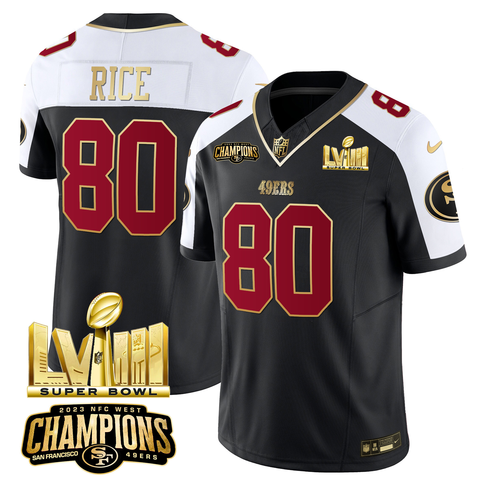 Men's Jerry Rice San Francisco 49ers NFC West Champions & Super Bowl LVIII Gold Patch Vapor Black Alternate Jersey - All Stitched