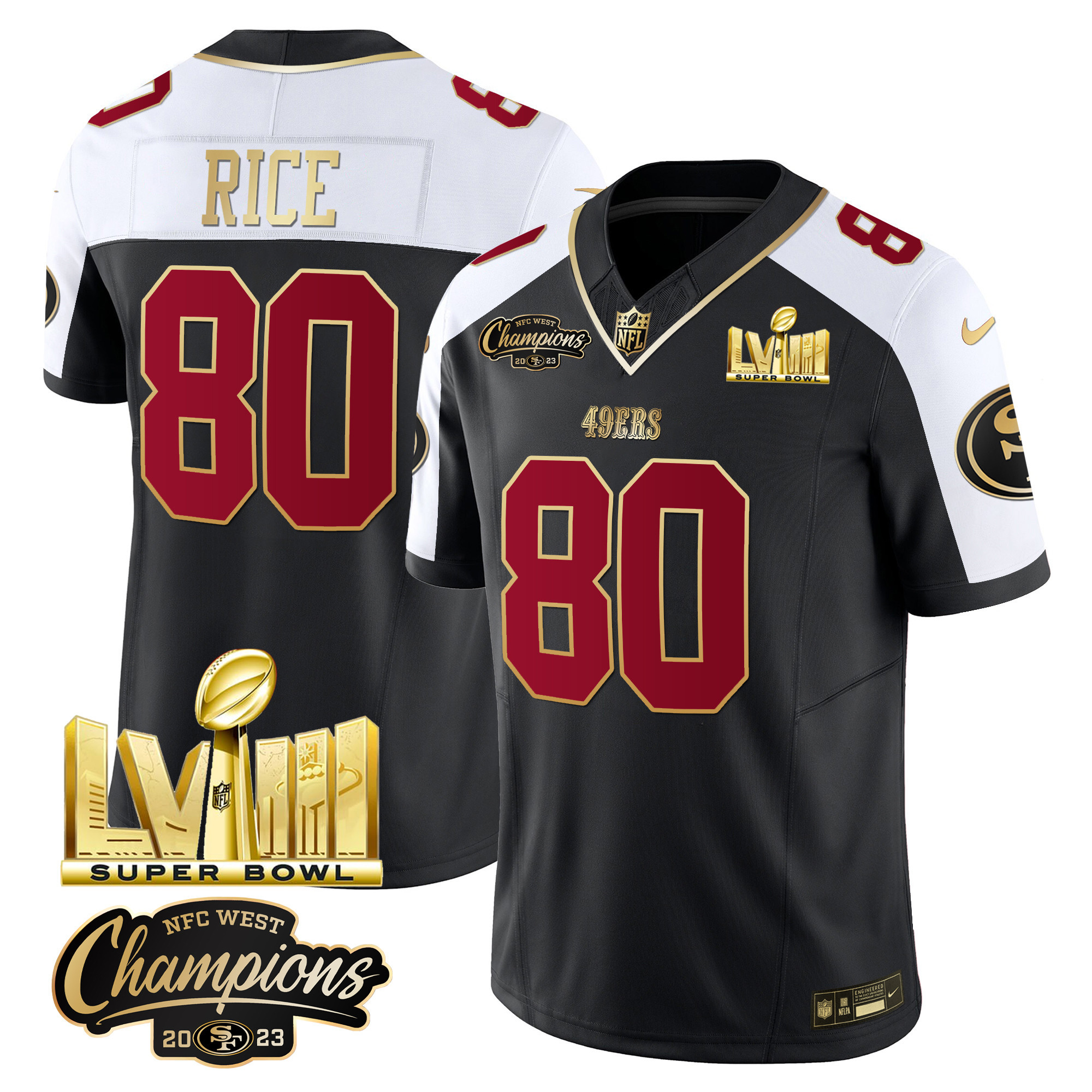 Men's Jerry Rice San Francisco 49ers NFC West Champions & Super Bowl LVIII Gold Patch Vapor Black Alternate Jersey V2 - All Stitched