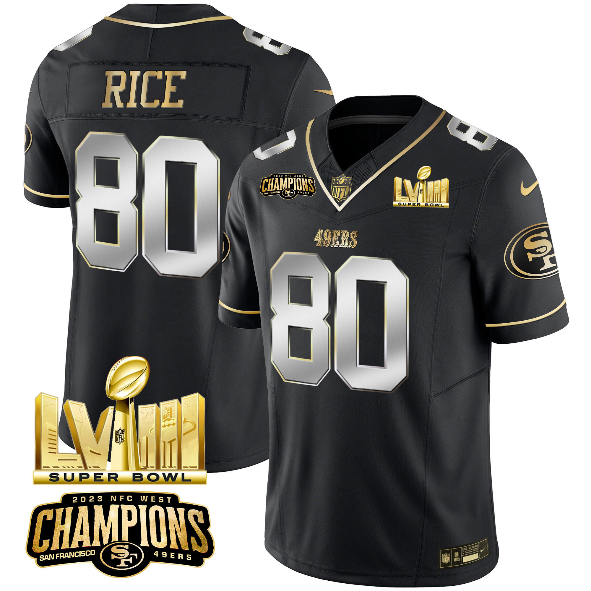 Men's Jerry Rice San Francisco 49ers NFC West Champions & Super Bowl LVIII Gold Patch Vapor Black Limited Jersey - All Stitched