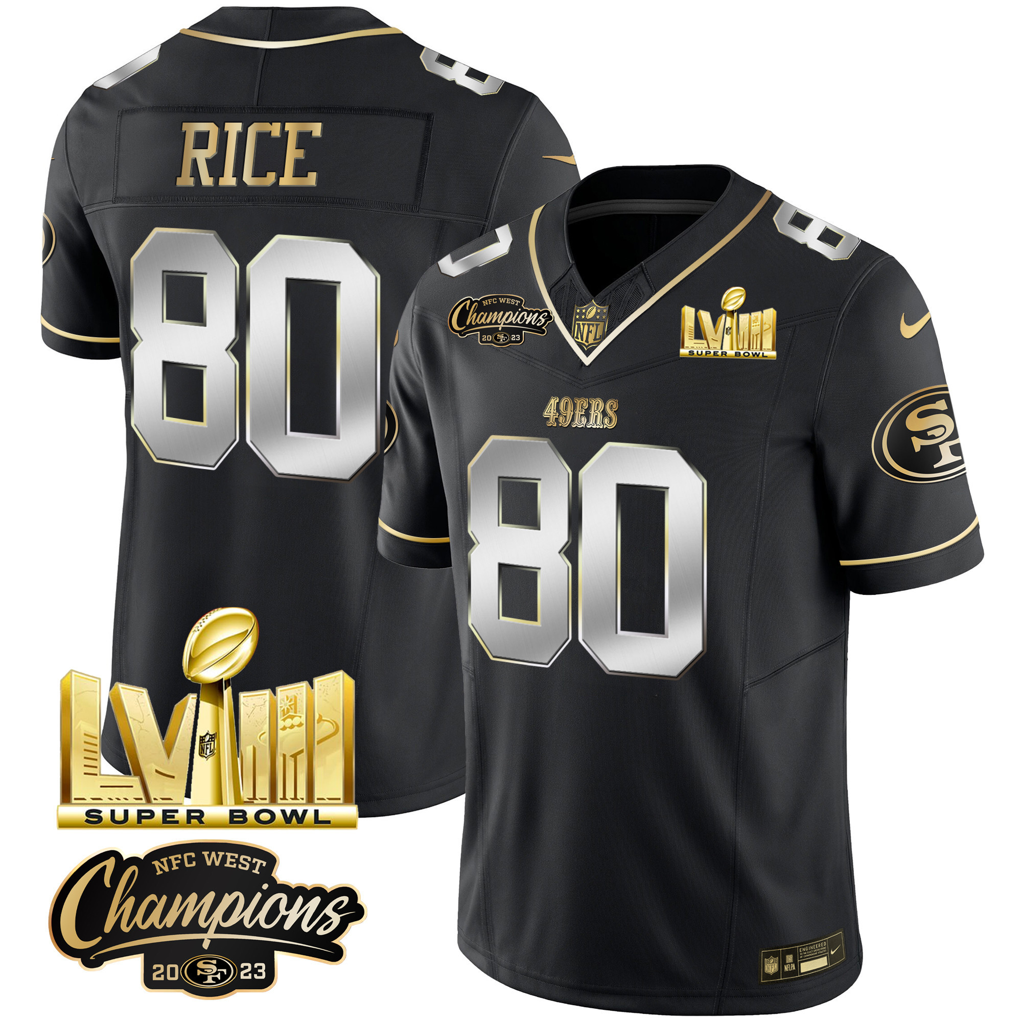 Men's Jerry Rice San Francisco 49ers NFC West Champions & Super Bowl LVIII Gold Patch Vapor Black Limited Jersey V2 - All Stitched