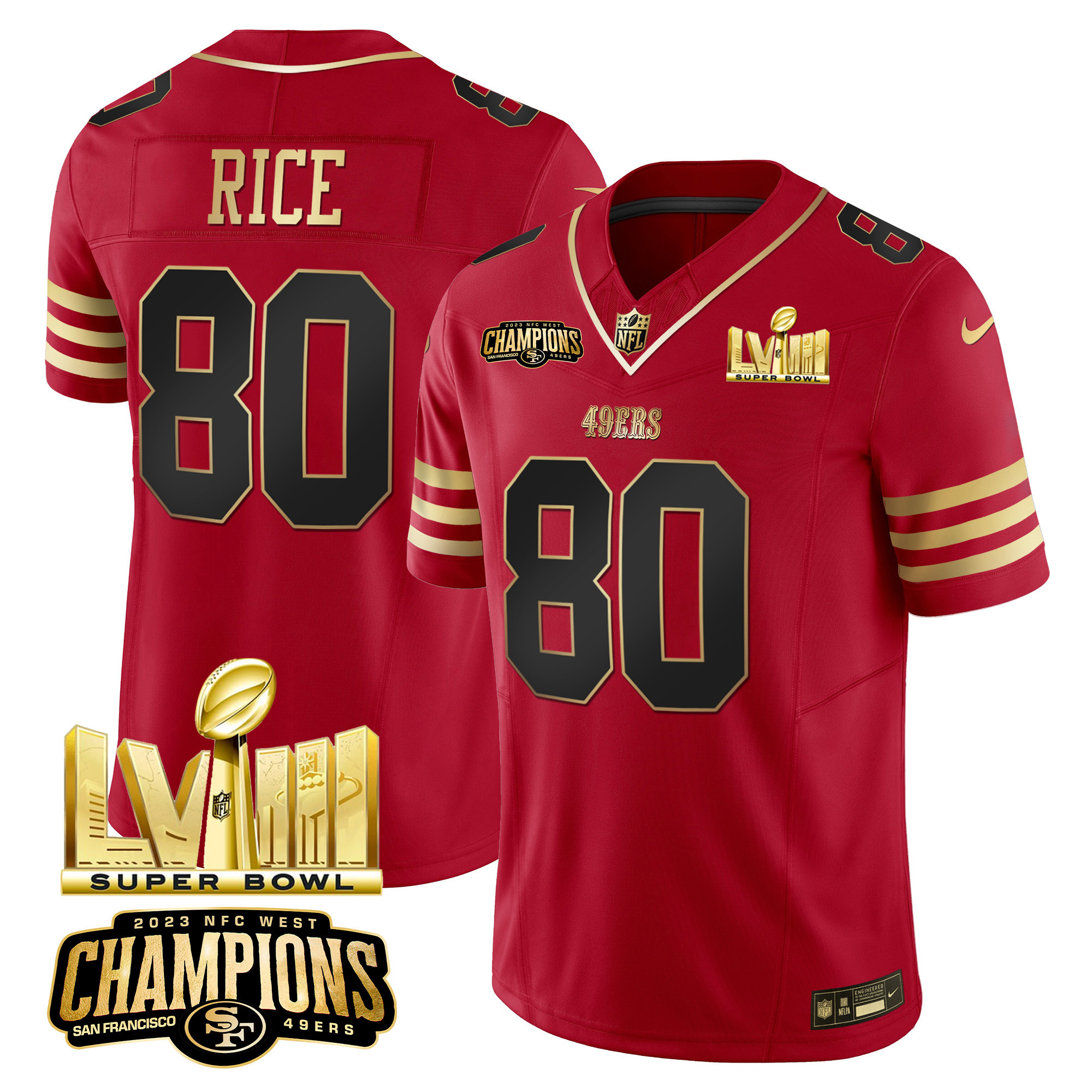 Men's Jerry Rice San Francisco 49ers NFC West Champions & Super Bowl LVIII Gold Patch Vapor Black Scarlet Jersey - All Stitched