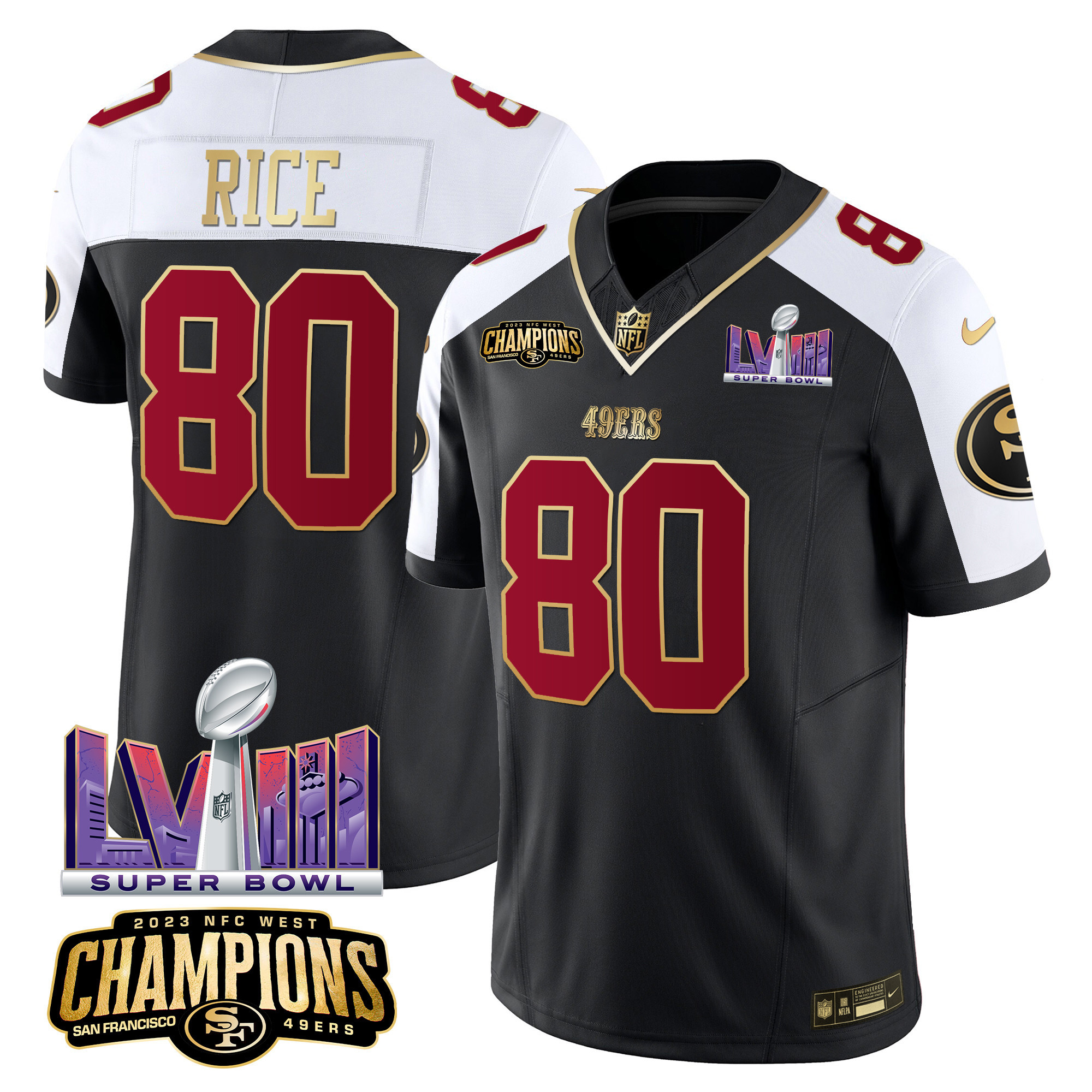 Men's Jerry Rice San Francisco 49ers NFC West Champions & Super Bowl LVIII Patch Vapor Black Alternate Jersey - All Stitched
