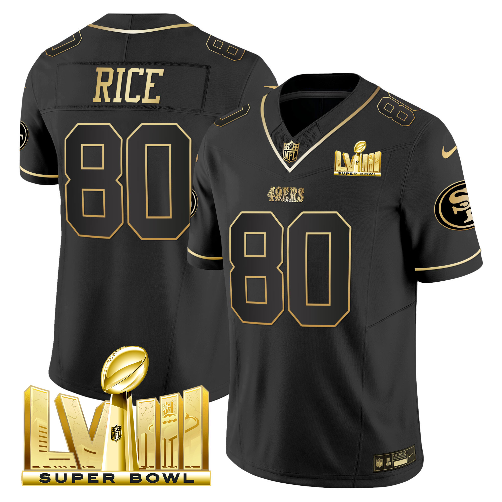 Men's Jerry Rice San Francisco 49ers Super Bowl LVIII Gold Patch Vapor Black Gold Jersey V2 - All Stitched