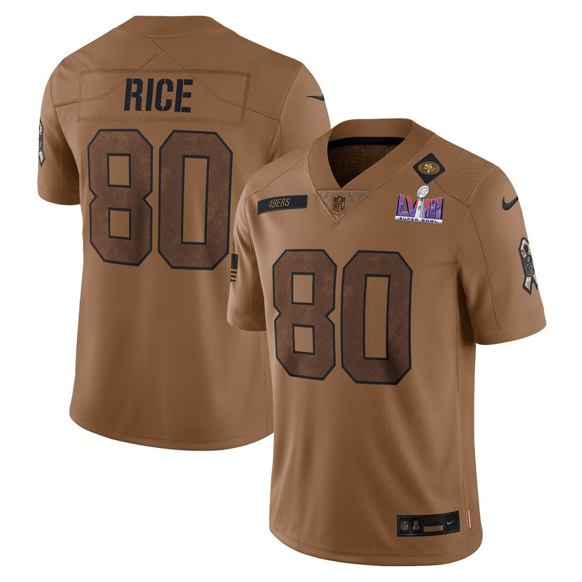 Men's Jerry Rice San Francisco 49ers Super Bowl LVIII Patch Salute To Service Brown Limited Jersey - All Stitched