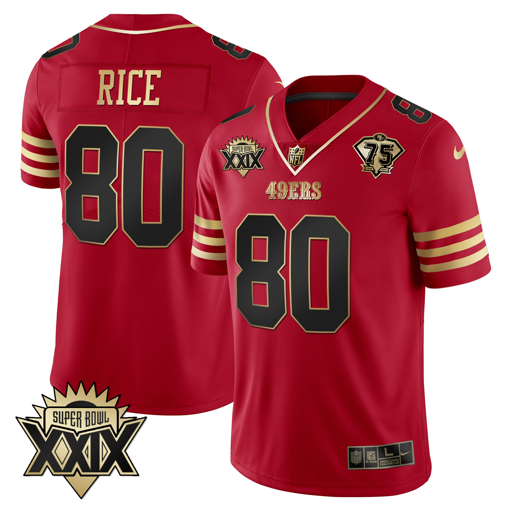 Men's Jerry Rice San Francisco 49ers Super Bowl XXIX Patch Black Red Gold Black Red Jersey - All Stitched
