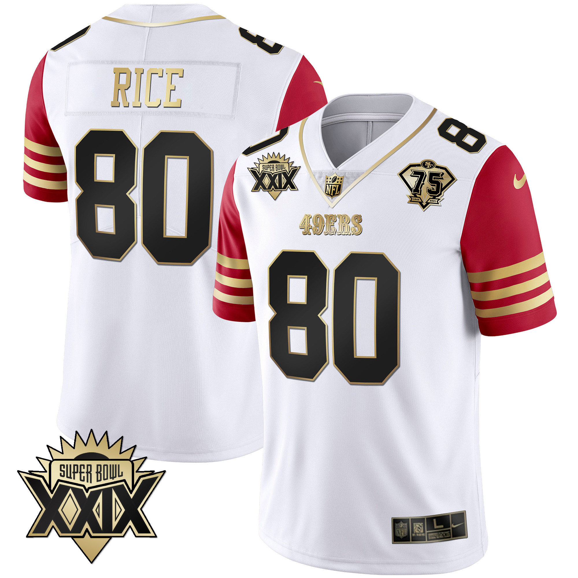 Men's Jerry Rice San Francisco 49ers Super Bowl XXIX Patch Black Red Gold Red Sleeve Jersey - All Stitched