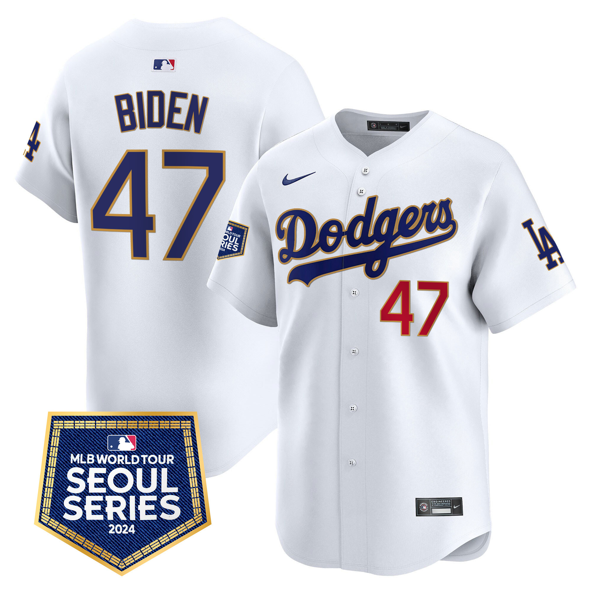 Men's Joe Biden Los Angeles Dodgers 2024 World Tour Seoul Series Patch Vapor Premier Limited White Jersey - All Stitched