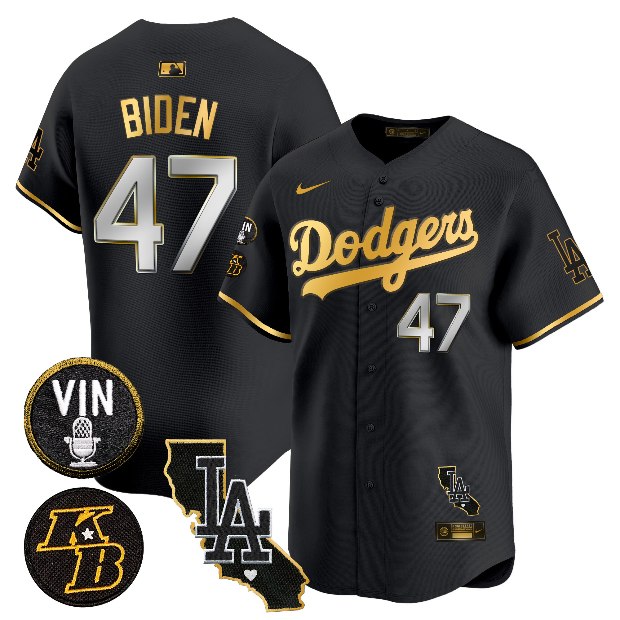 Men's Joe Biden Los Angeles Dodgers Vin & Kobe Patch Gold Trim Vapor Premier Limited Black Gold Jersey V2 - All Stitched