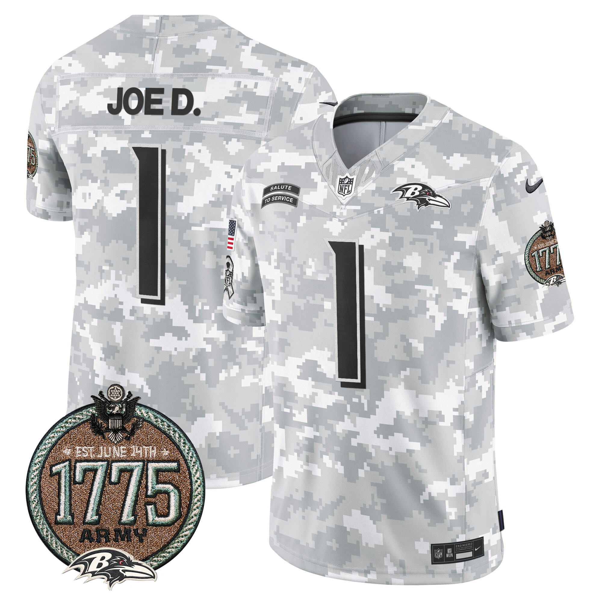Men's Joe D Baltimore Ravens 2024 Salute to Service Establishment Year Patch Vapor Limited Army Jersey - All Stitched