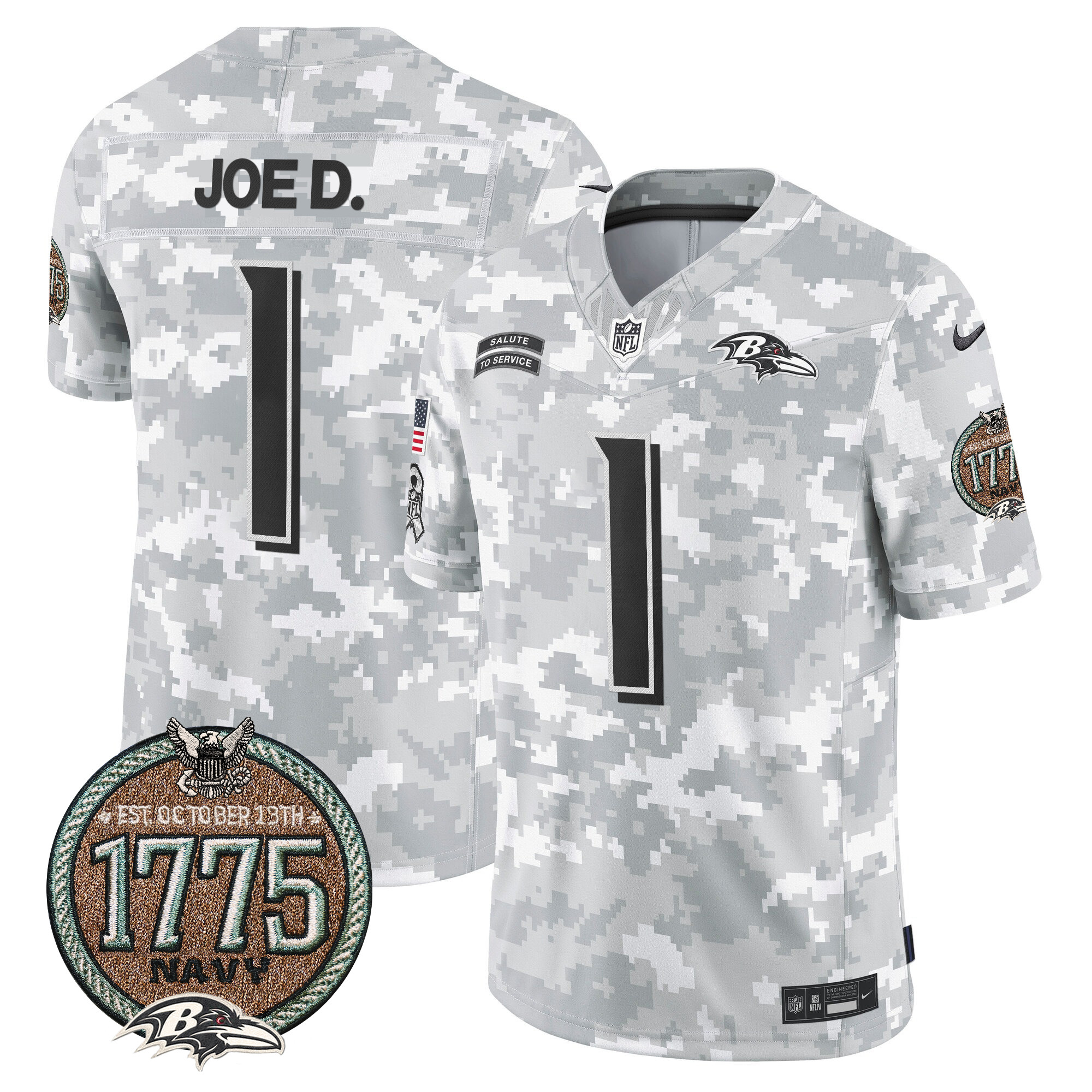 Men's Joe D Baltimore Ravens 2024 Salute to Service Establishment Year Patch Vapor Limited Navy Jersey - All Stitched