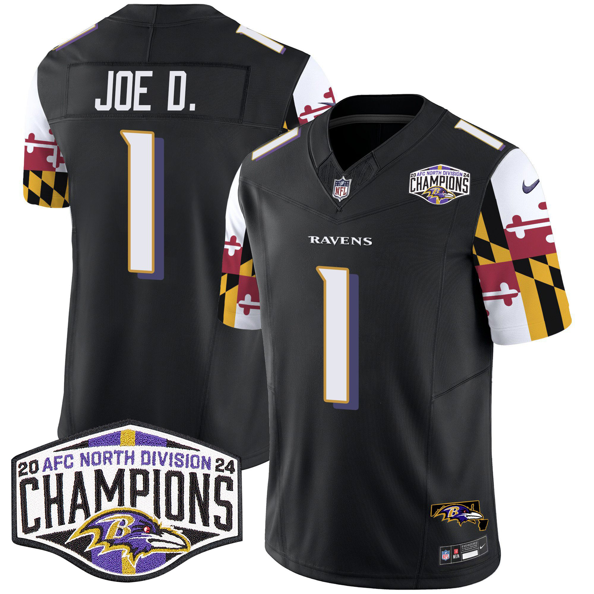 Men's Joe D Baltimore Ravens Maryland Flag 2024 AFC North Division Champions Patch Vapor Limited Black Jersey - All Stitched
