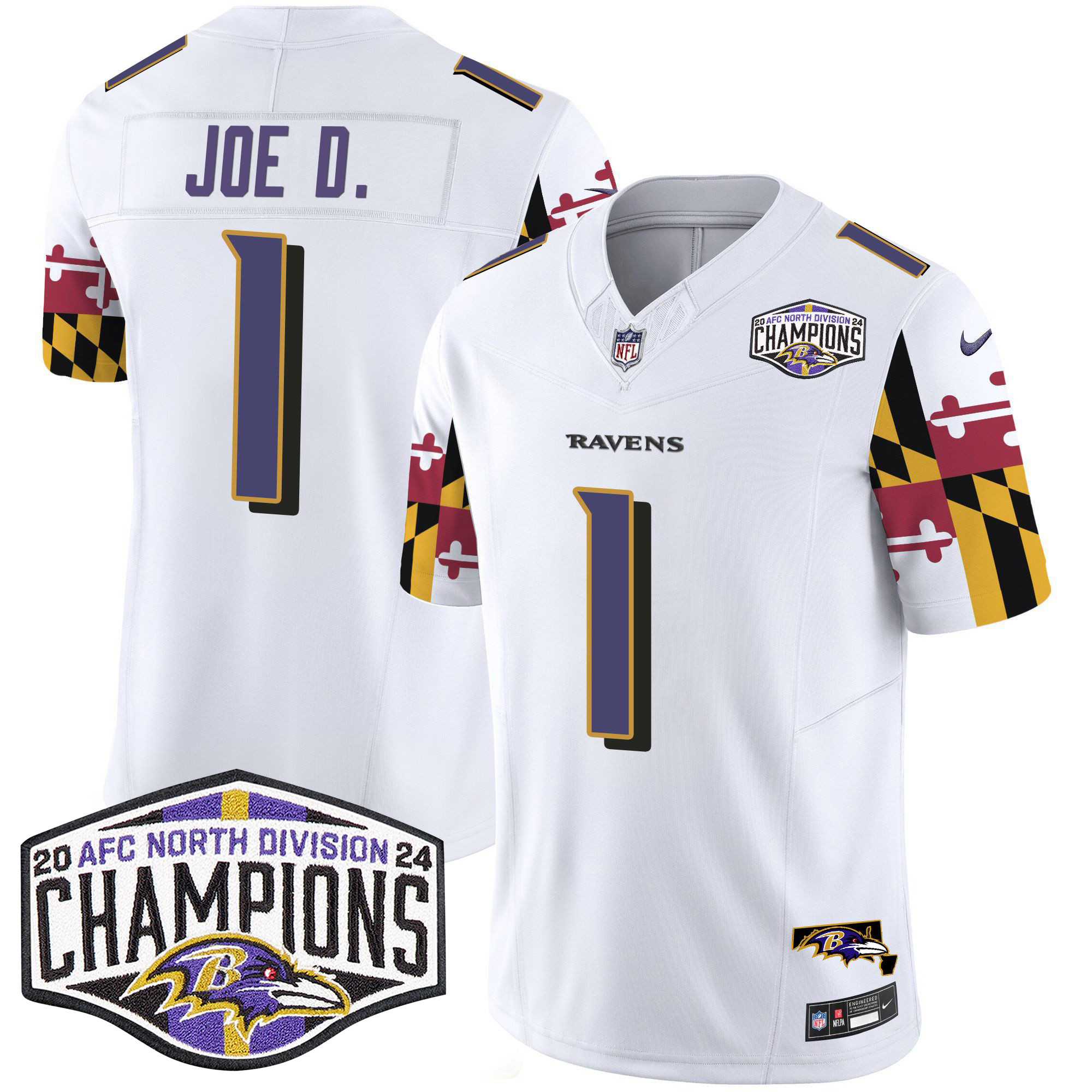Men's Joe D Baltimore Ravens Maryland Flag 2024 AFC North Division Champions Patch Vapor Limited White Jersey - All Stitched