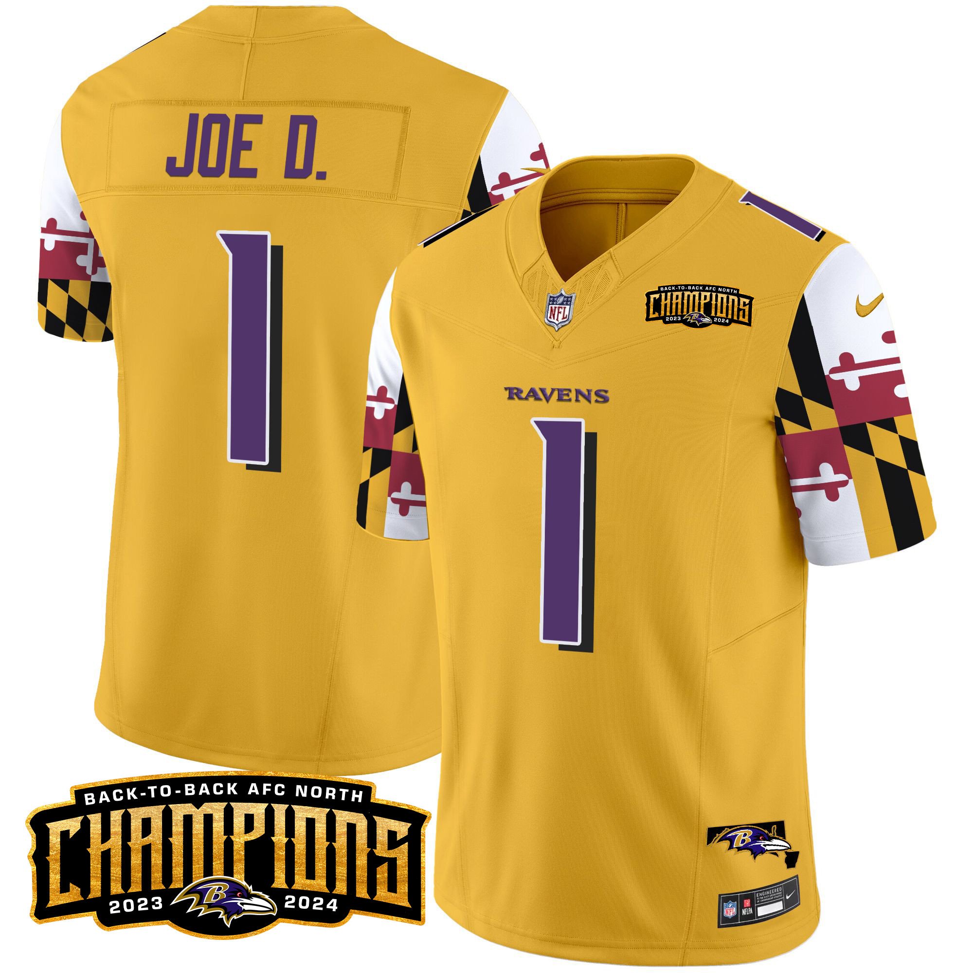 Men's Joe D Baltimore Ravens Maryland Flag Back To Back AFC North Champions Patch Vapor Limited Gold Jersey - All Stitched