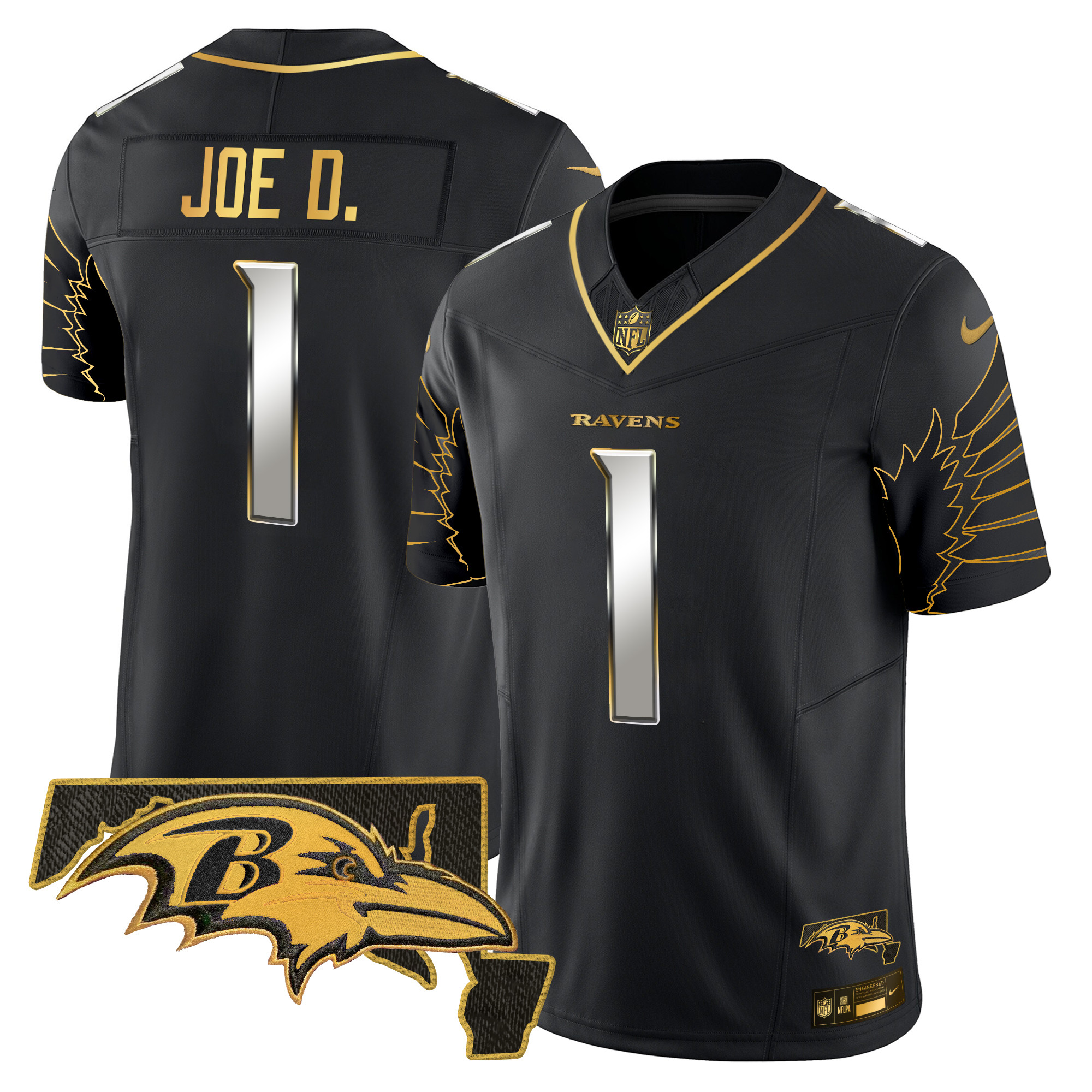 Men's Joe D Baltimore Ravens Maryland Patch Gold Vapor Limited Black Limited Jersey - All Stitched
