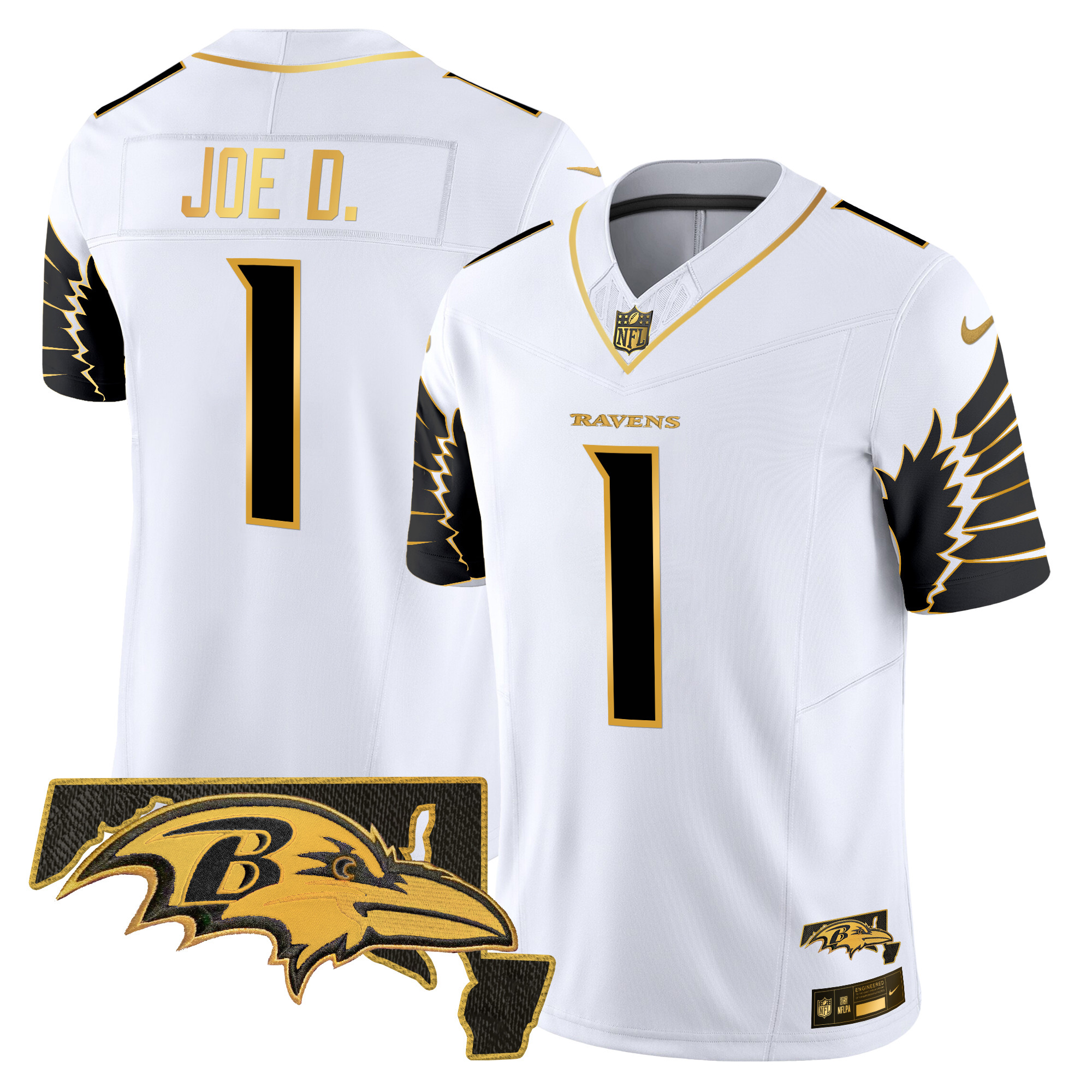 Men's Joe D Baltimore Ravens Maryland Patch Gold Vapor Limited White Gold Jersey - All Stitched