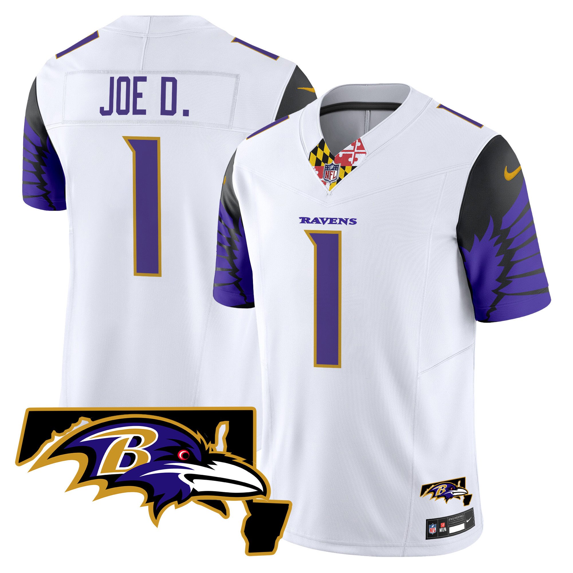 Men's Joe D Baltimore Ravens Maryland Patch Vapor Limited White Jersey V2 - All Stitched