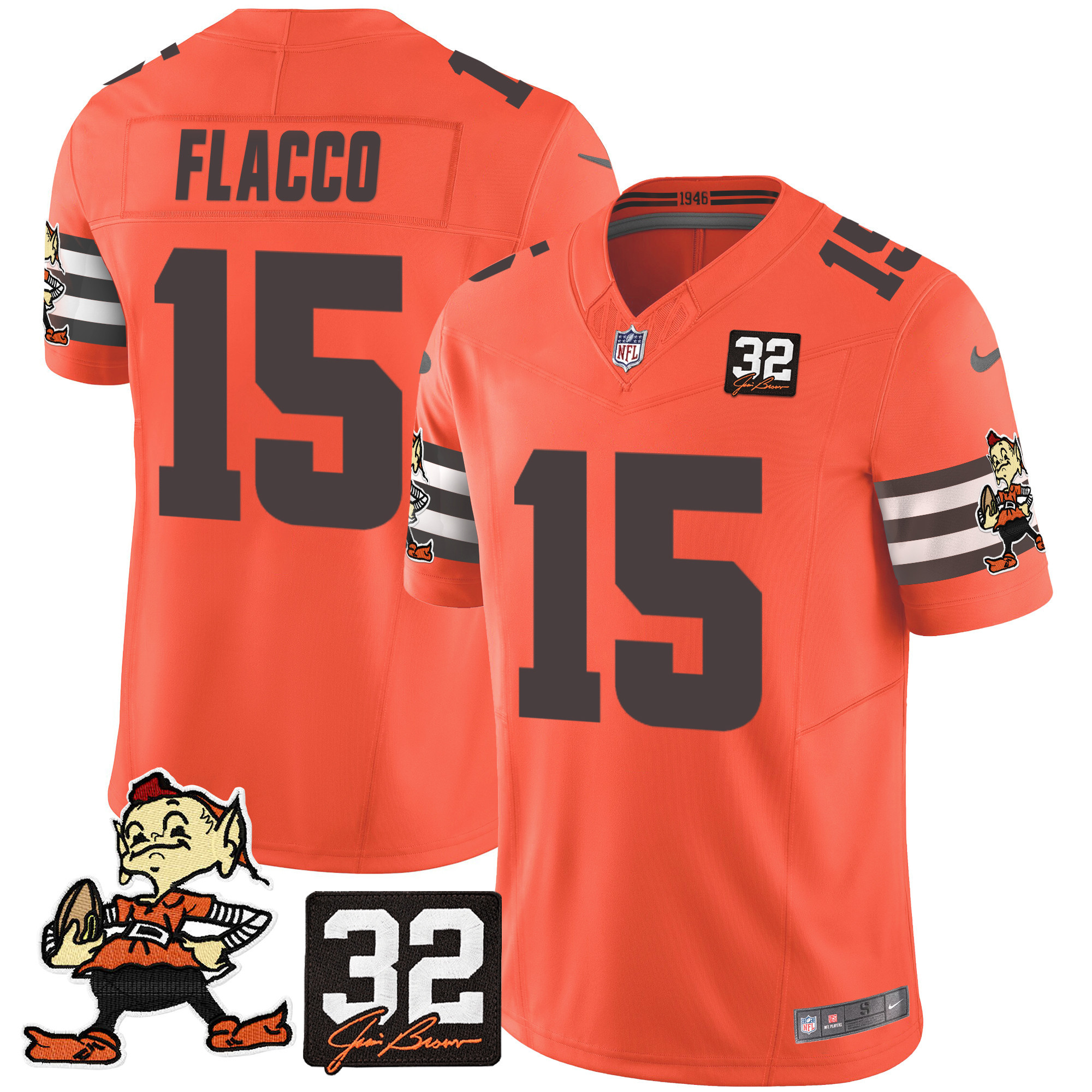 Men's Joe Flacco Cleveland Browns #32 Jim Brown Memorial Patch Vapor Limited Orange Jersey V2 - All Stitched