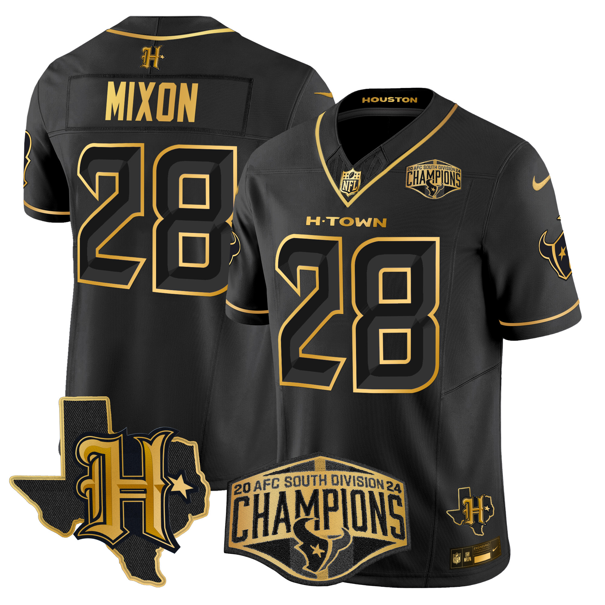 Men's Joe Mixon Houston Texans 2024 AFC South Division Champions Patch Gold Vapor Limited Black Gold Jersey - All Stitched