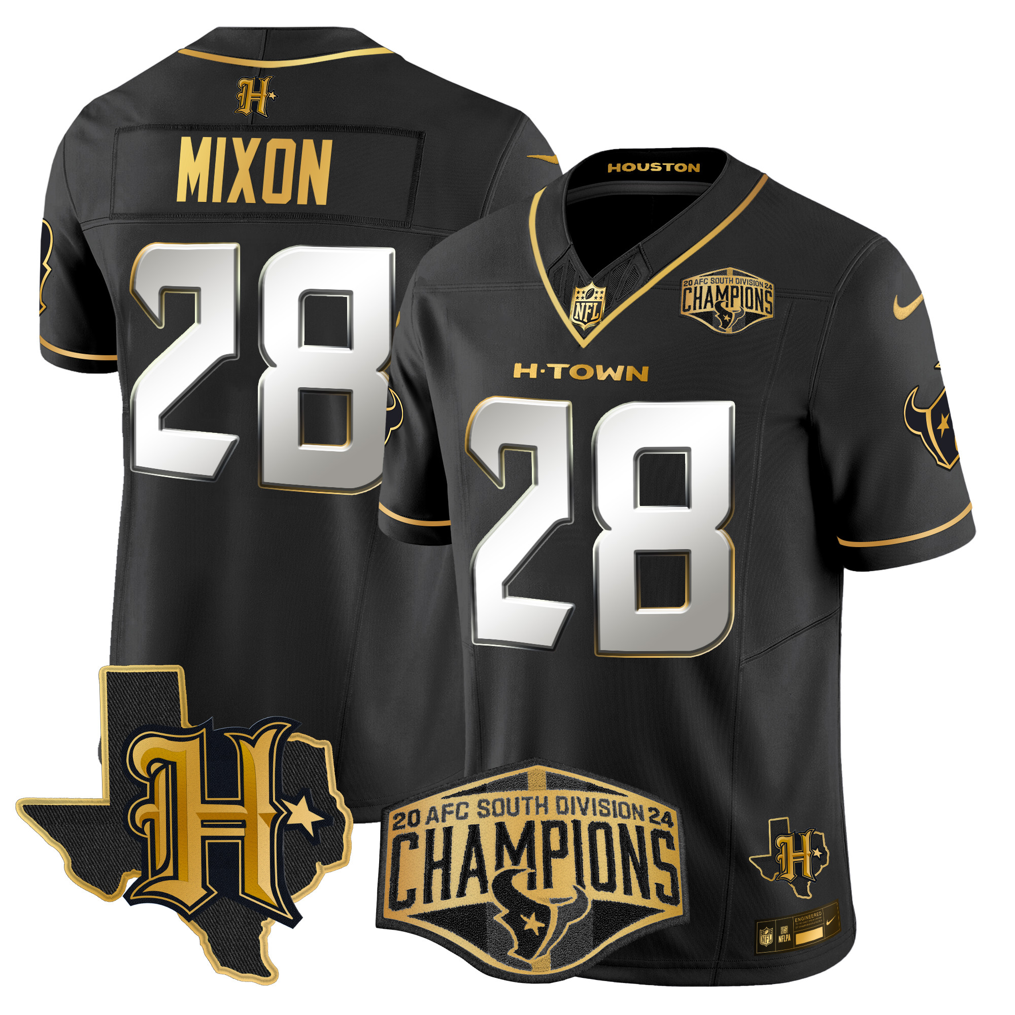 Men's Joe Mixon Houston Texans 2024 AFC South Division Champions Patch Gold Vapor Limited Black Limited Jersey - All Stitched