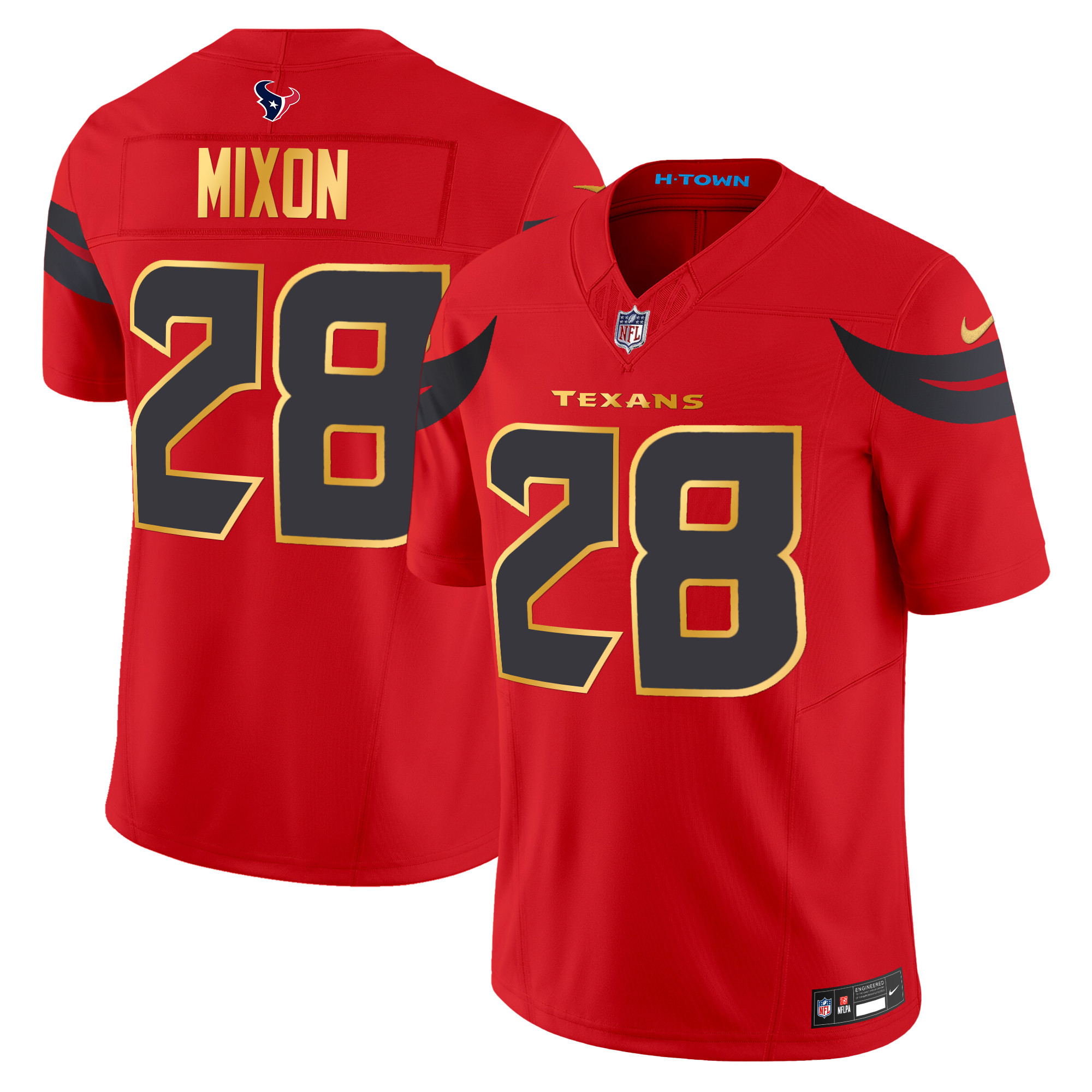 Men's Joe Mixon Houston Texans 2024 Gold Trim Vapor Limited Red Jersey - All Stitched