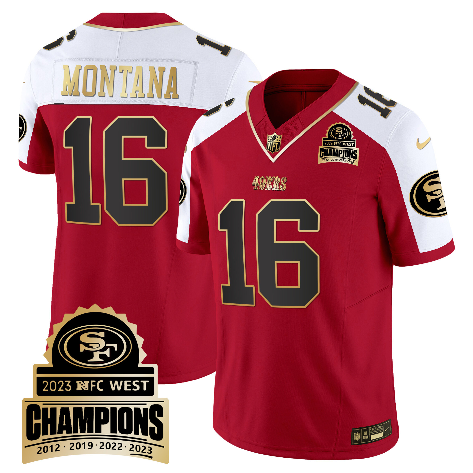Men's Joe Montana San Francisco 49ers 2023 NFC West Champions Patch Vapor Alternate Jersey V4 - All Stitched