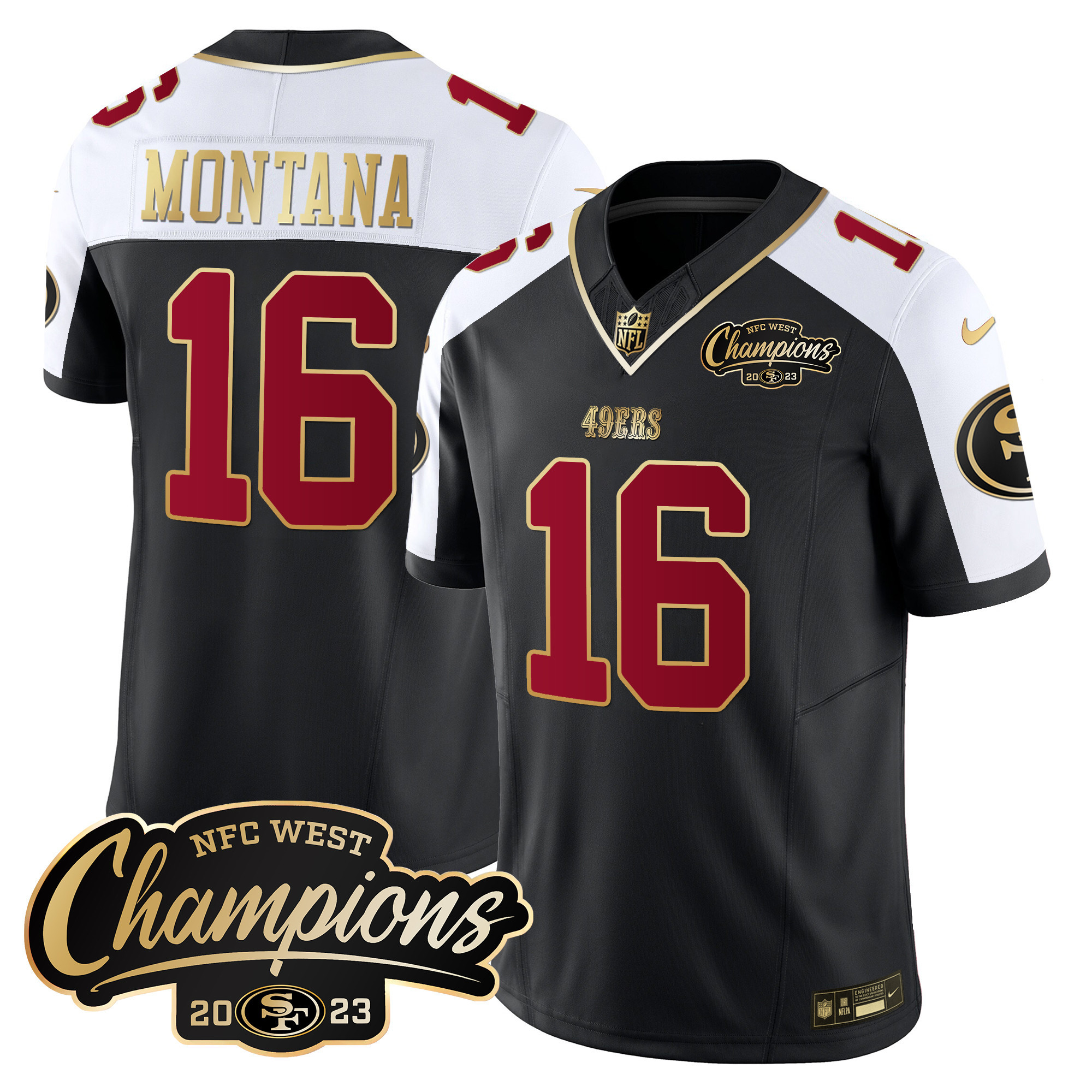 Men's Joe Montana San Francisco 49ers 2023 NFC West Champions Patch Vapor Black Alternate Jersey - All Stitched