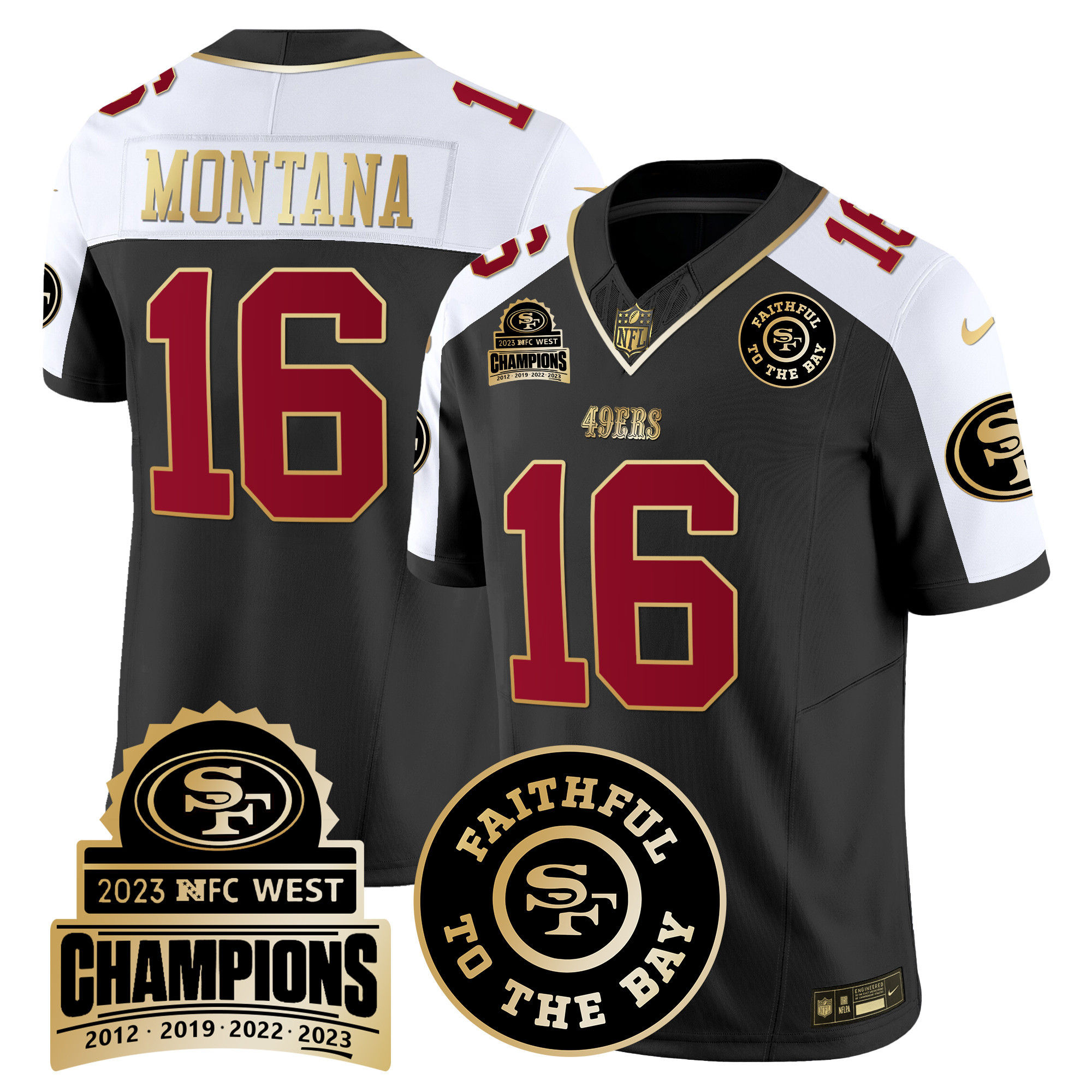Men's Joe Montana San Francisco 49ers 2023 NFC West Champions Patch Vapor Black Alternate Jersey V3 - All Stitched