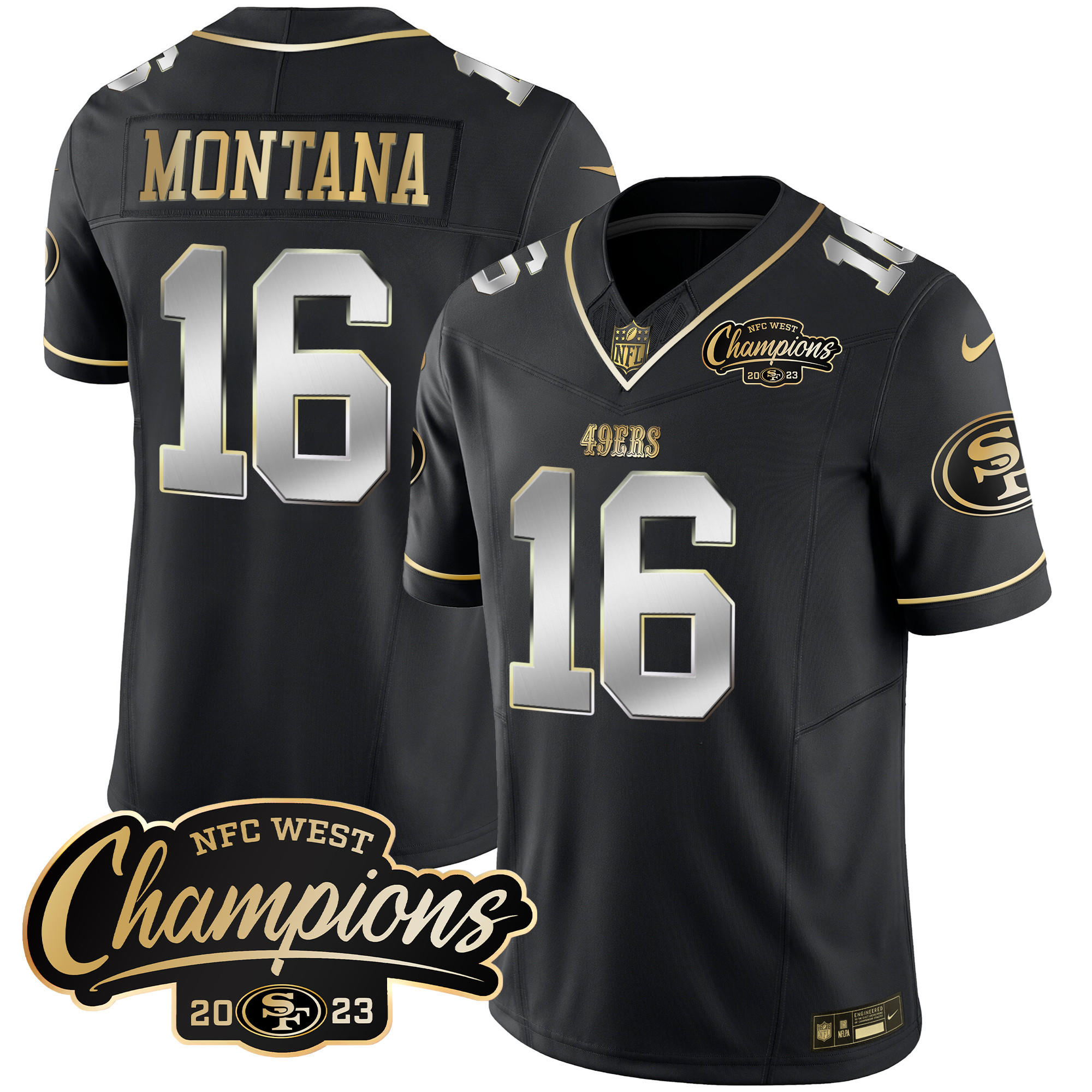Men's Joe Montana San Francisco 49ers 2023 NFC West Champions Patch Vapor Black Limited Jersey - All Stitched