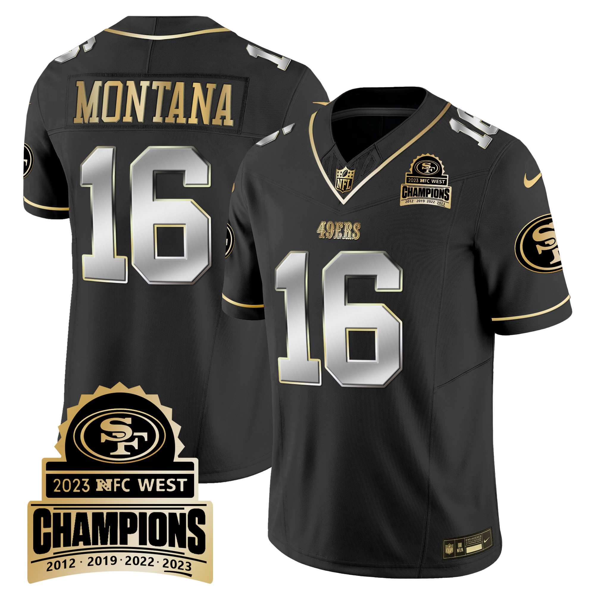 Men's Joe Montana San Francisco 49ers 2023 NFC West Champions Patch Vapor Black Limited Jersey V4 - All Stitched