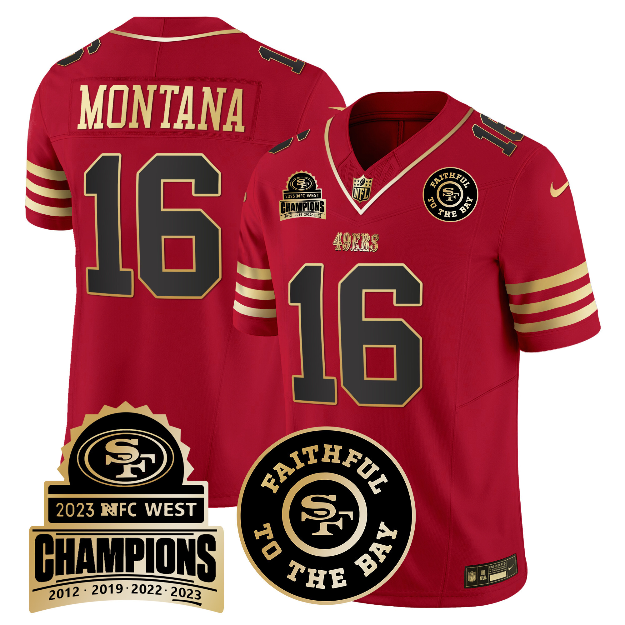 Men's Joe Montana San Francisco 49ers 2023 NFC West Champions Patch Vapor Black Scarlet Jersey V3 - All Stitched