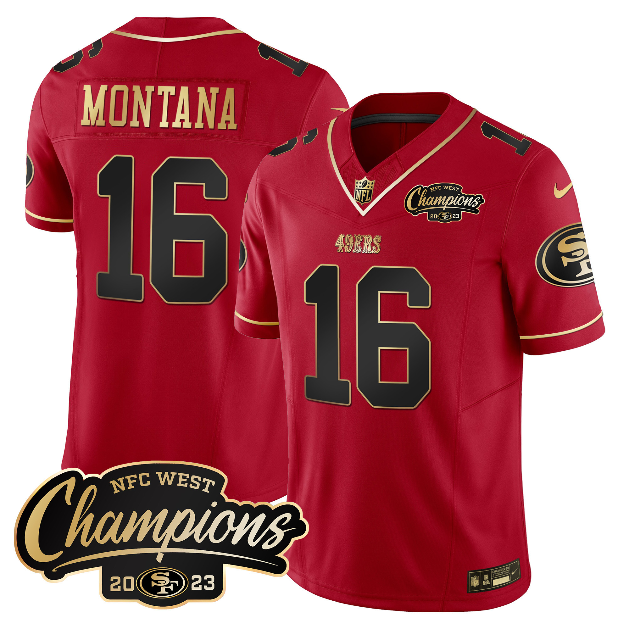 Men's Joe Montana San Francisco 49ers 2023 NFC West Champions Patch Vapor Scarlet Limited Jersey - All Stitched