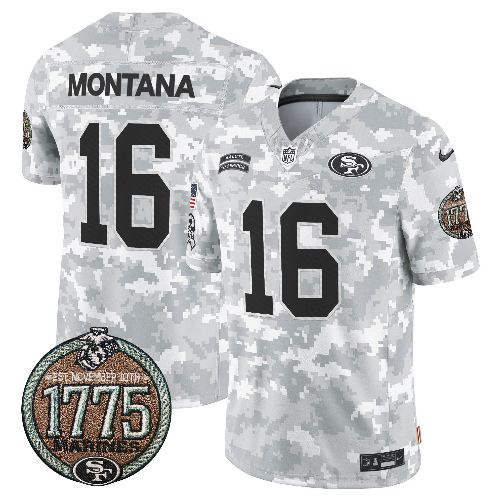 Men's Joe Montana San Francisco 49ers 2024 Salute to Service Establishment Year Patch Vapor Limited Marines Jersey - All Stitched