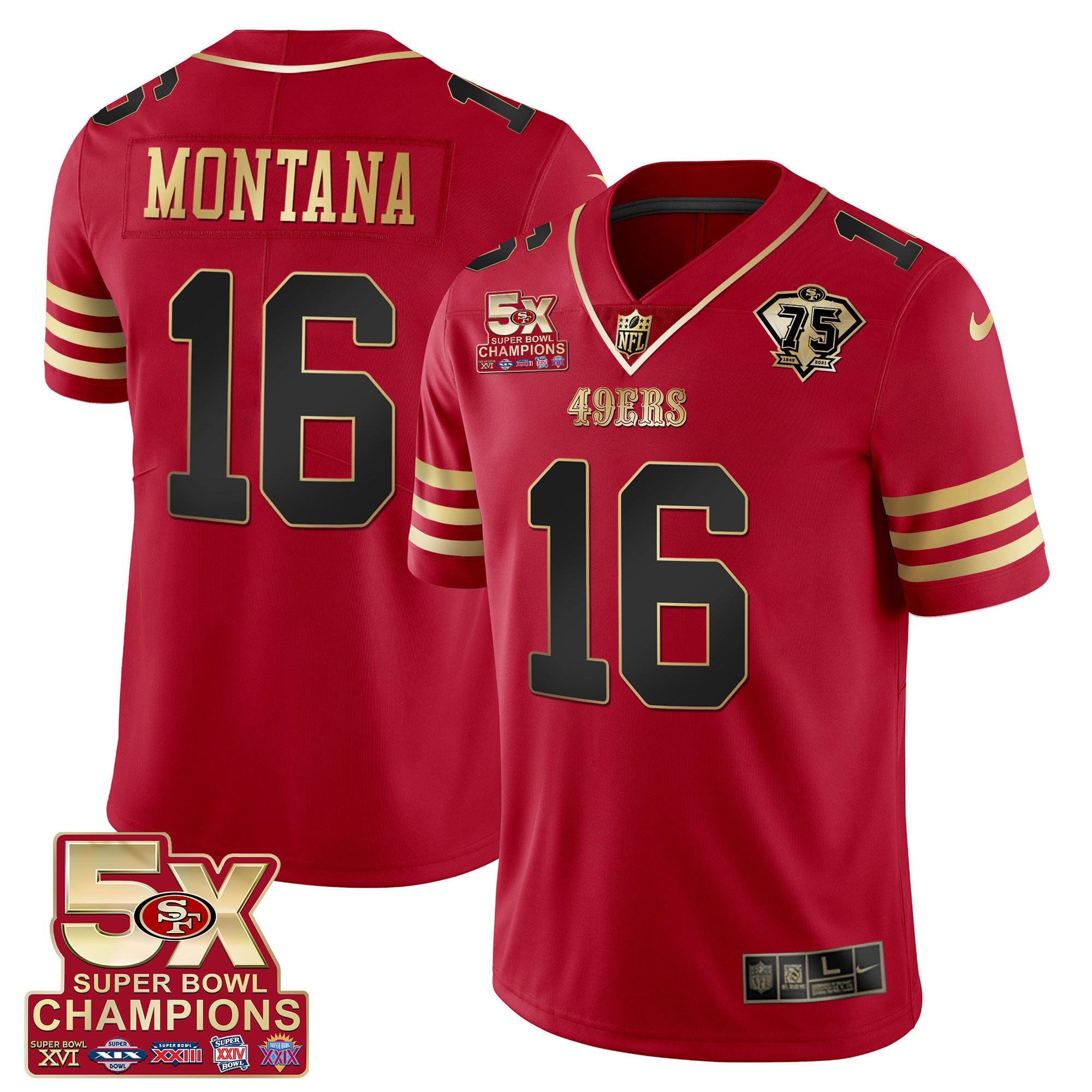 Men's Joe Montana San Francisco 49ers 5x Super Bowl Patch Black Red Vapor Black Red Jersey - Stitched