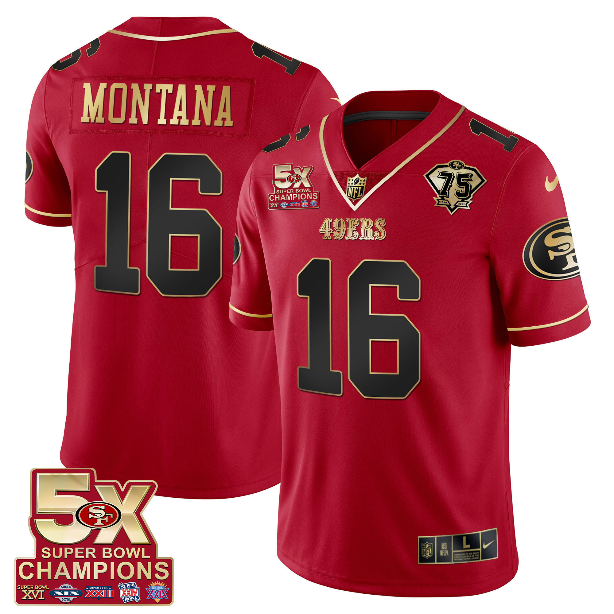 Men's Joe Montana San Francisco 49ers 5x Super Bowl Patch Black Red Vapor Red Limited Jersey - Stitched