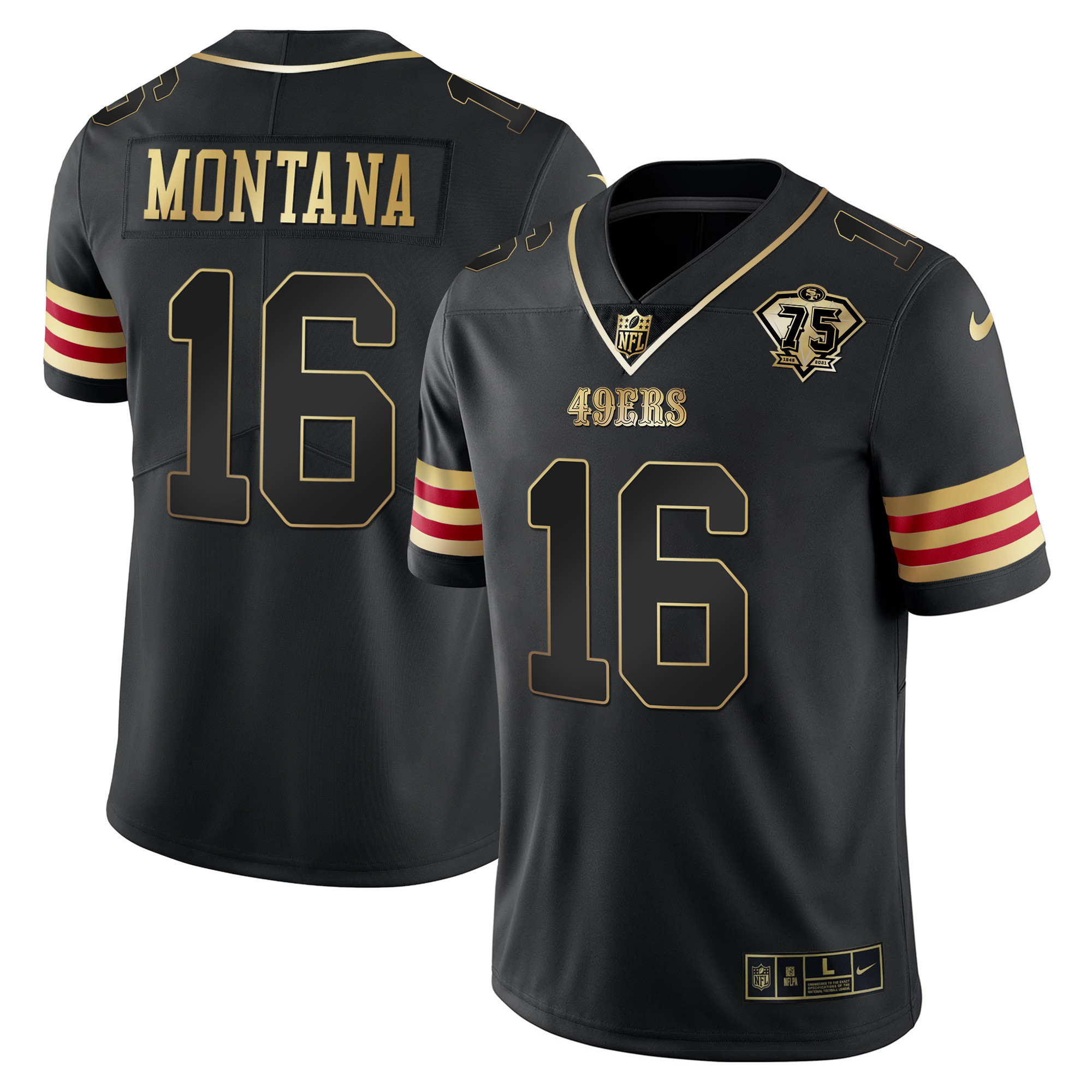 Men's Joe Montana San Francisco 49ers 75th Anniversary Patch Vapor Gold Black Gold Jersey V2 - All Stitched