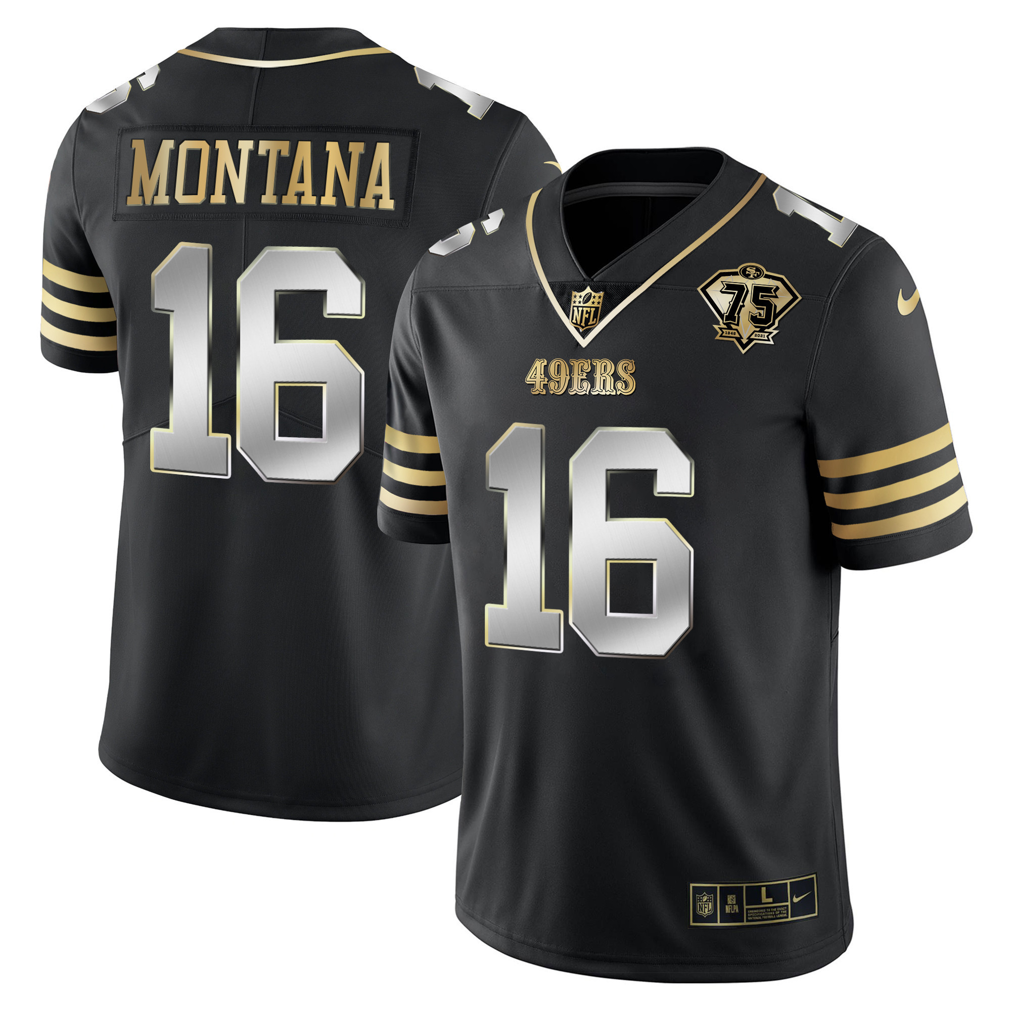 Men's Joe Montana San Francisco 49ers 75th Anniversary Patch Vapor Gold Black Limited Jersey - All Stitched