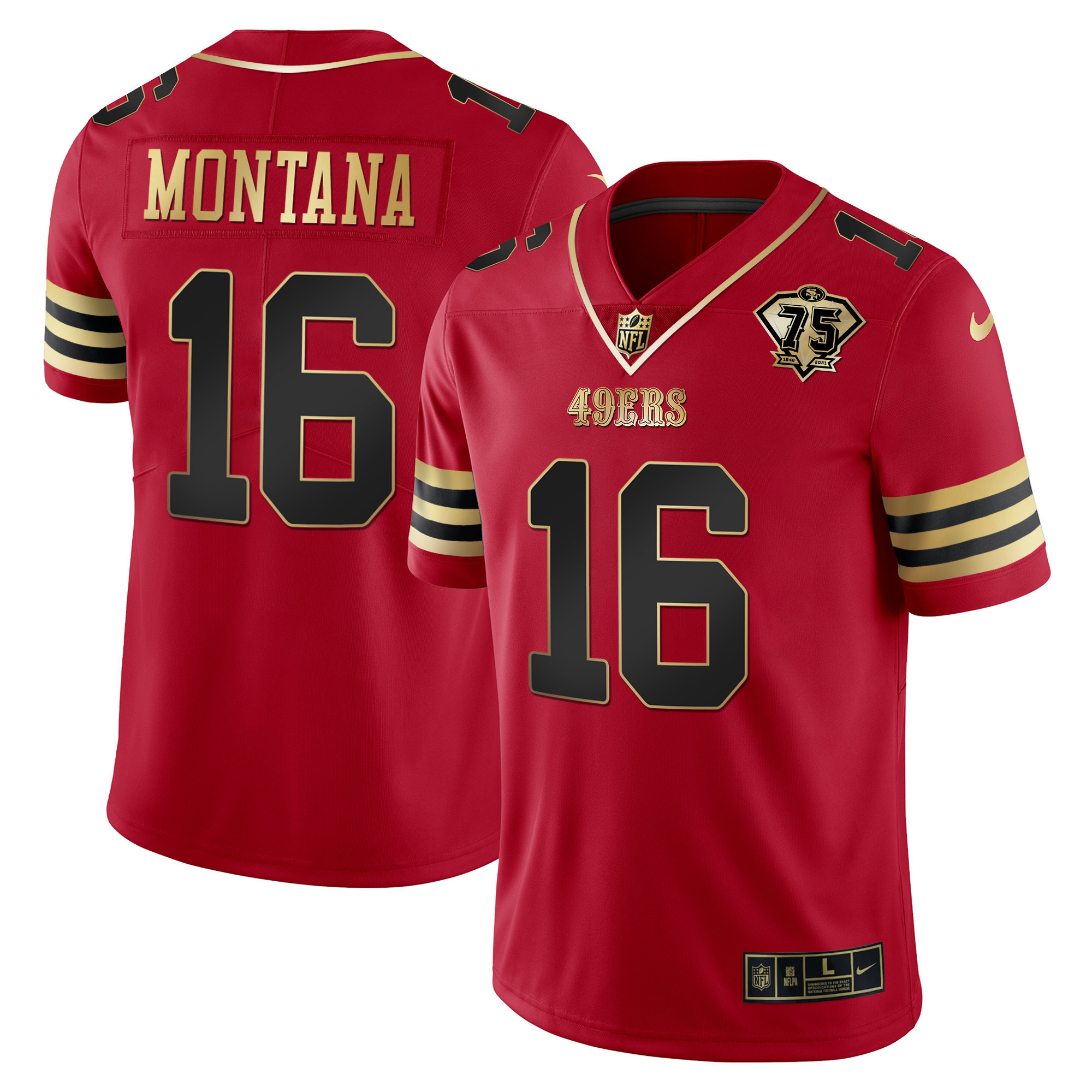 Men's Joe Montana San Francisco 49ers 75th Anniversary Patch Vapor Gold Black Red Jersey V2 - All Stitched