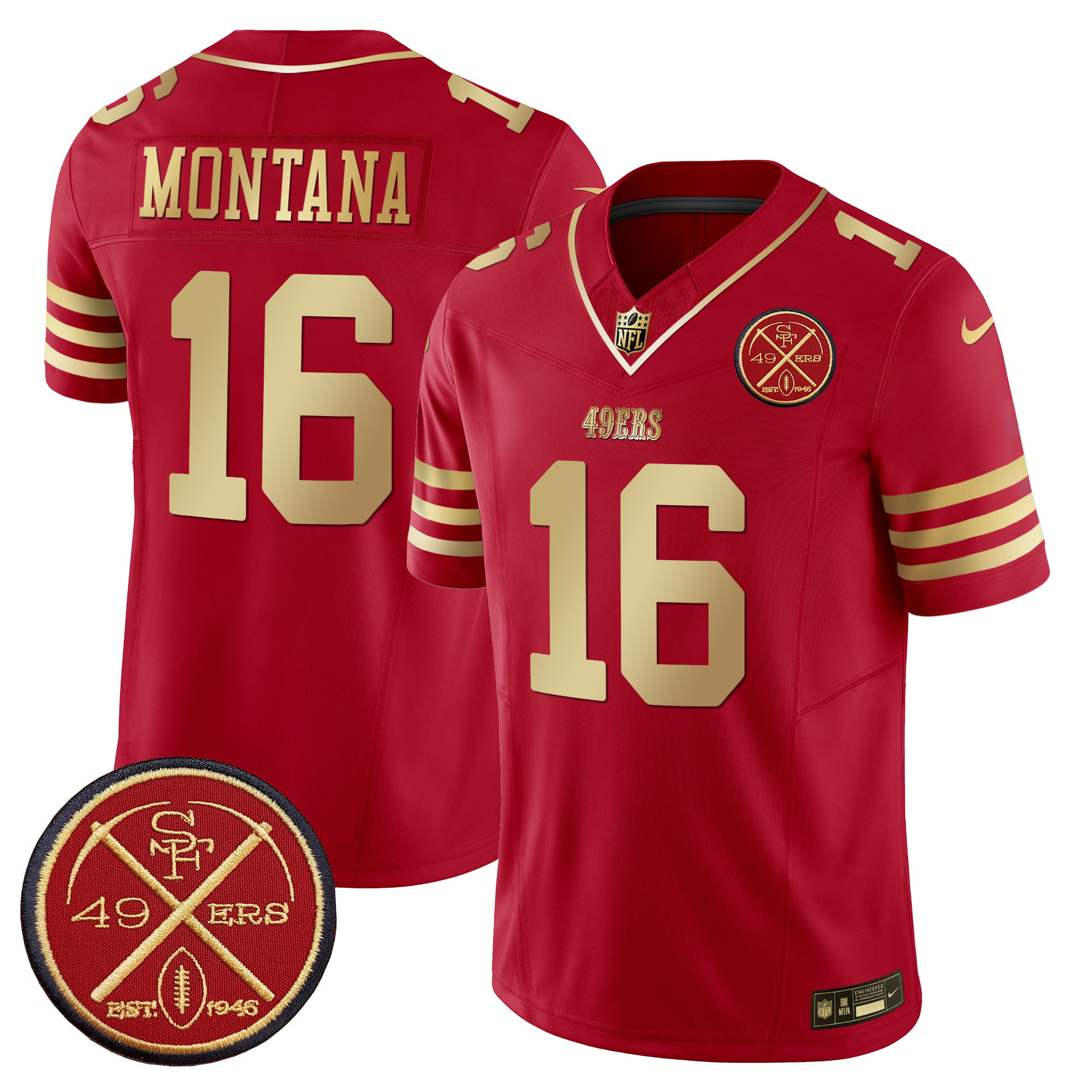 Men's Joe Montana San Francisco 49ers Est.1946 Patch Vapor Limited Scarlet Gold Jersey - All Stitched