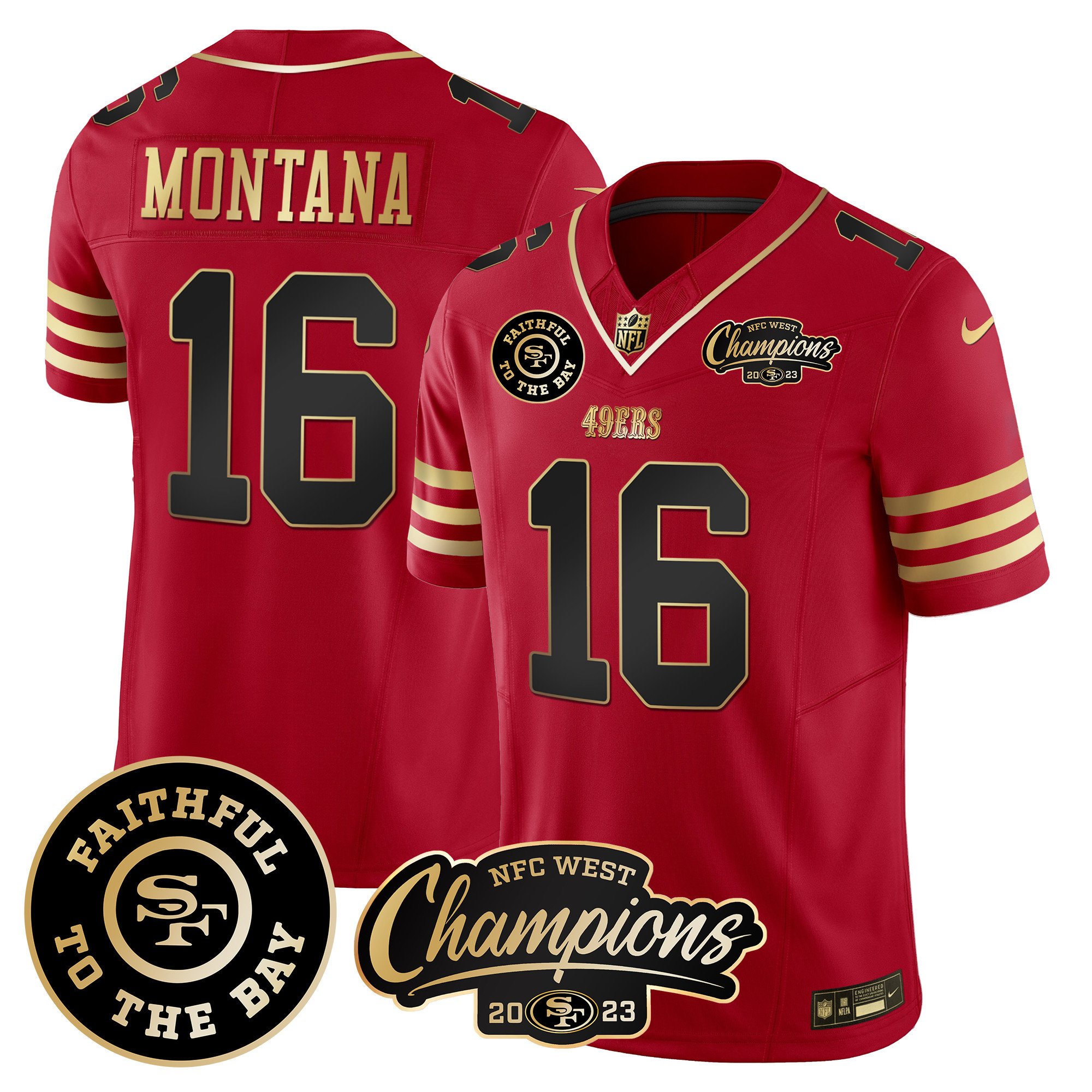 Men's Joe Montana San Francisco 49ers Faithful & 2023 NFC West Champions Patch Vapor Black Scarlet Jersey - All Stitched