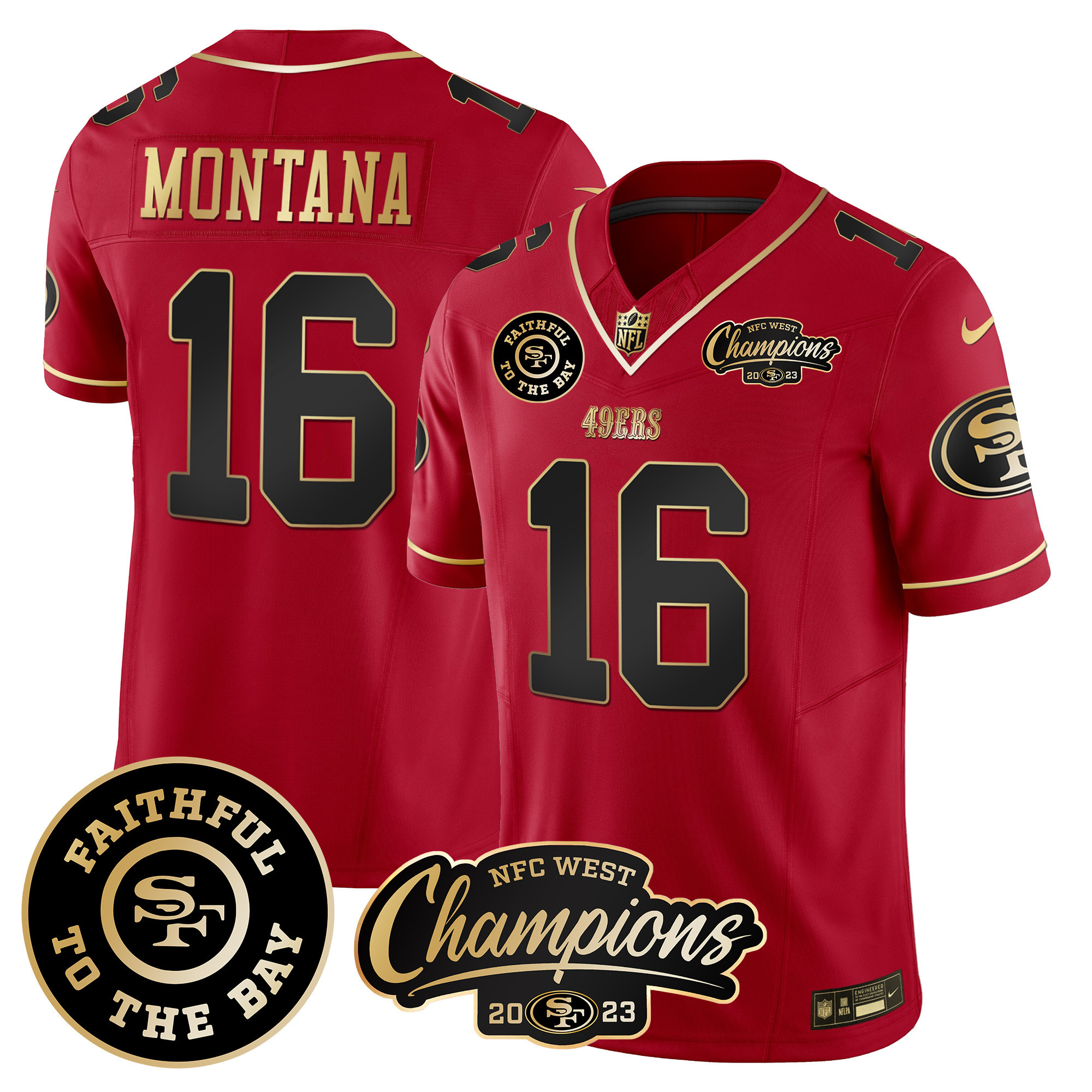 Men's Joe Montana San Francisco 49ers Faithful & 2023 NFC West Champions Patch Vapor Scarlet Limited Jersey - All Stitched