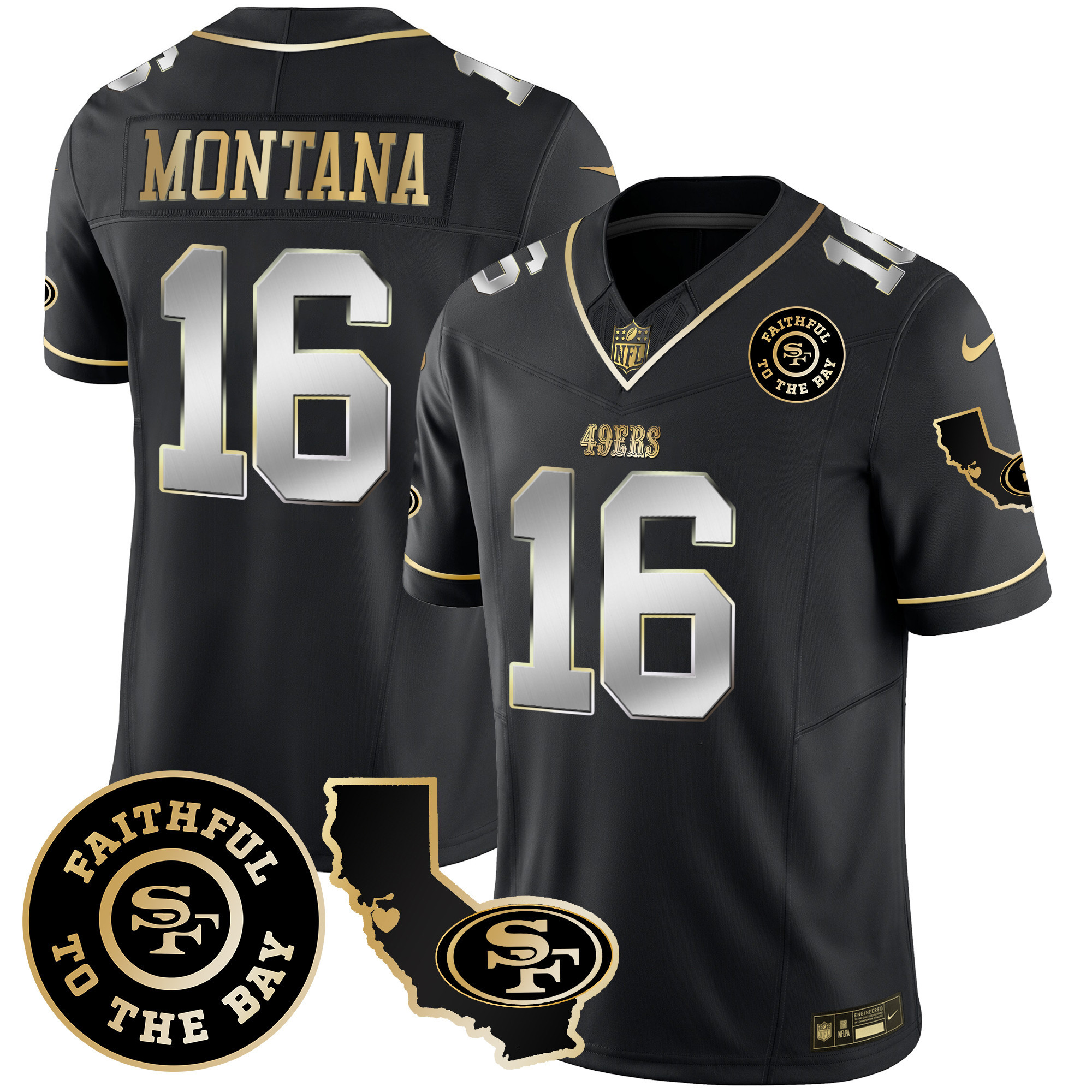 Men's Joe Montana San Francisco 49ers Faithful & California Patch Vapor Black Limited Jersey - All Stitched