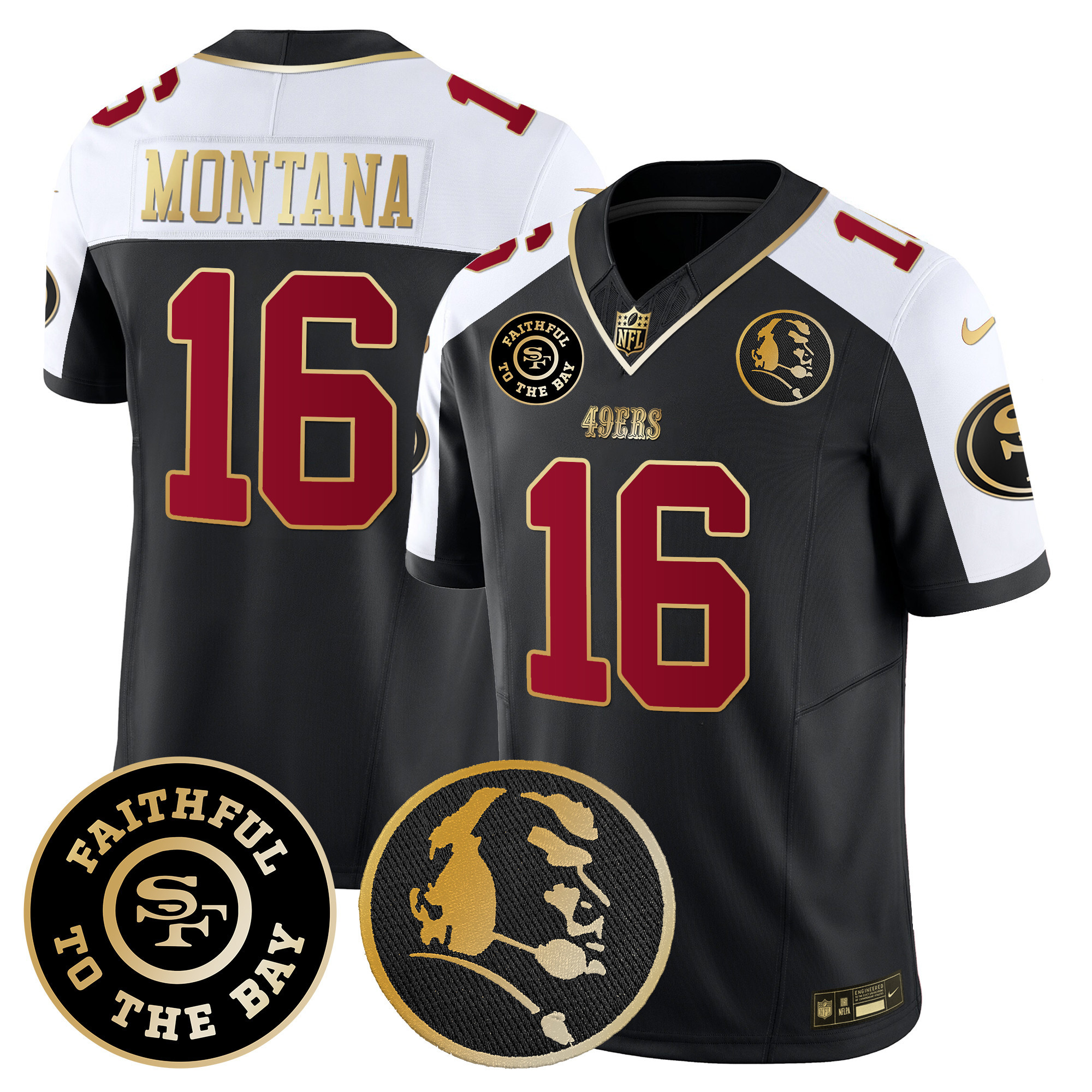 Men's Joe Montana San Francisco 49ers Faithful & John Madden Patch Vapor Black Alternate Jersey - All Stitched