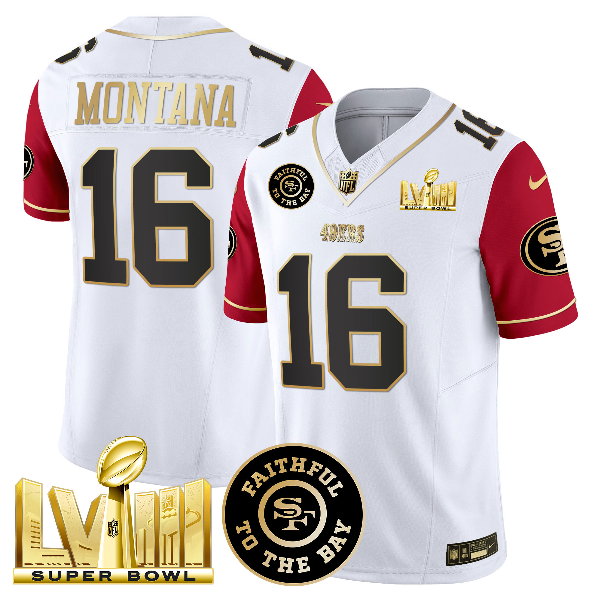 Men's Joe Montana San Francisco 49ers Faithful & Super Bowl LVIII Gold Patch Vapor Color Sleeves Jersey V2 - All Stitched
