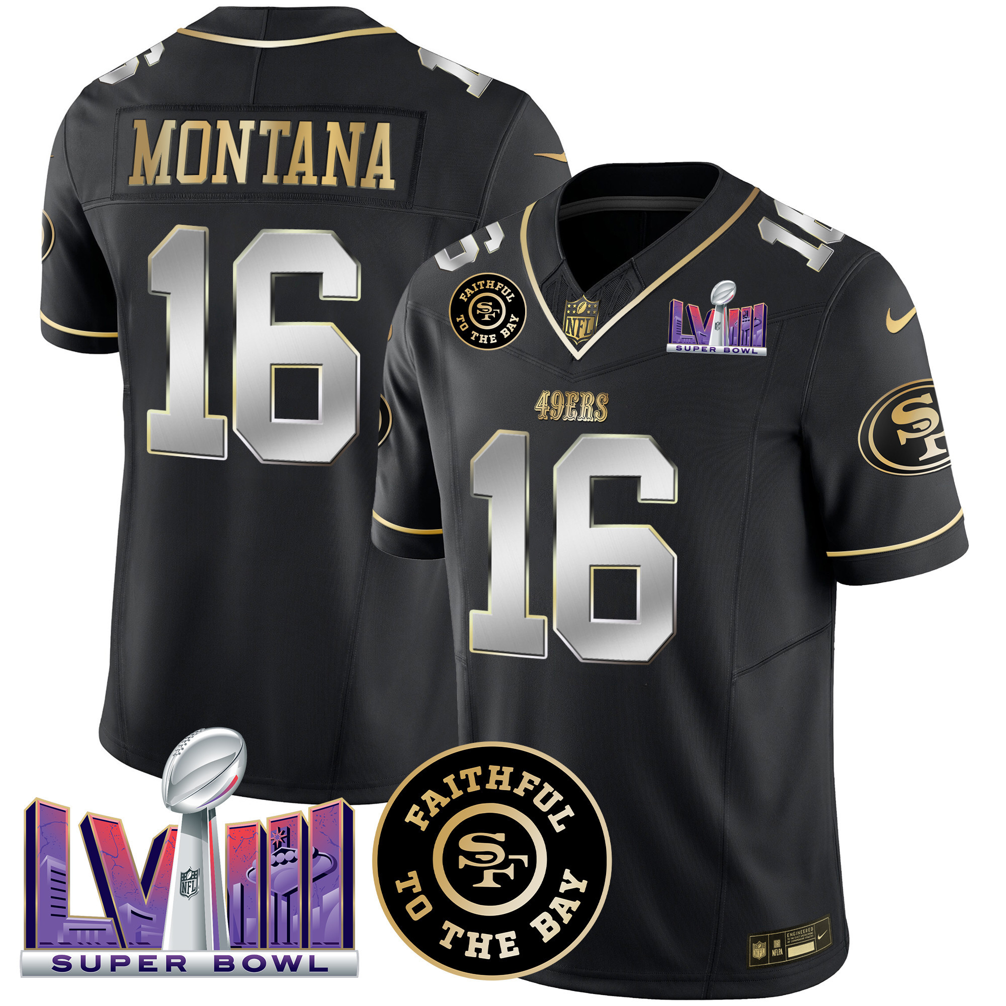 Men's Joe Montana San Francisco 49ers Faithful & Super Bowl LVIII Patch Vapor Black Limited Jersey - All Stitched