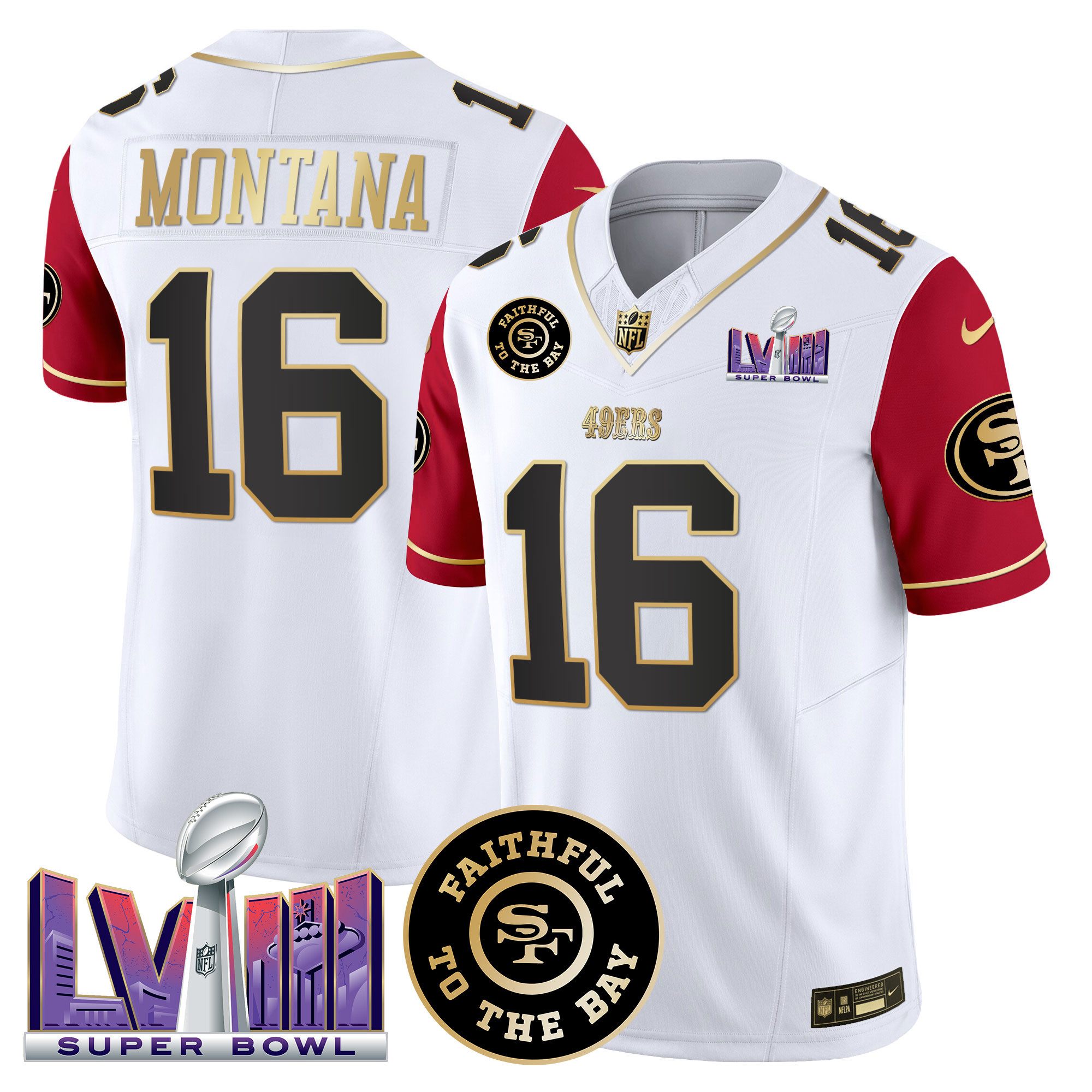 Men's Joe Montana San Francisco 49ers Faithful & Super Bowl LVIII Patch Vapor Color Sleeves Jersey V2 - All Stitched